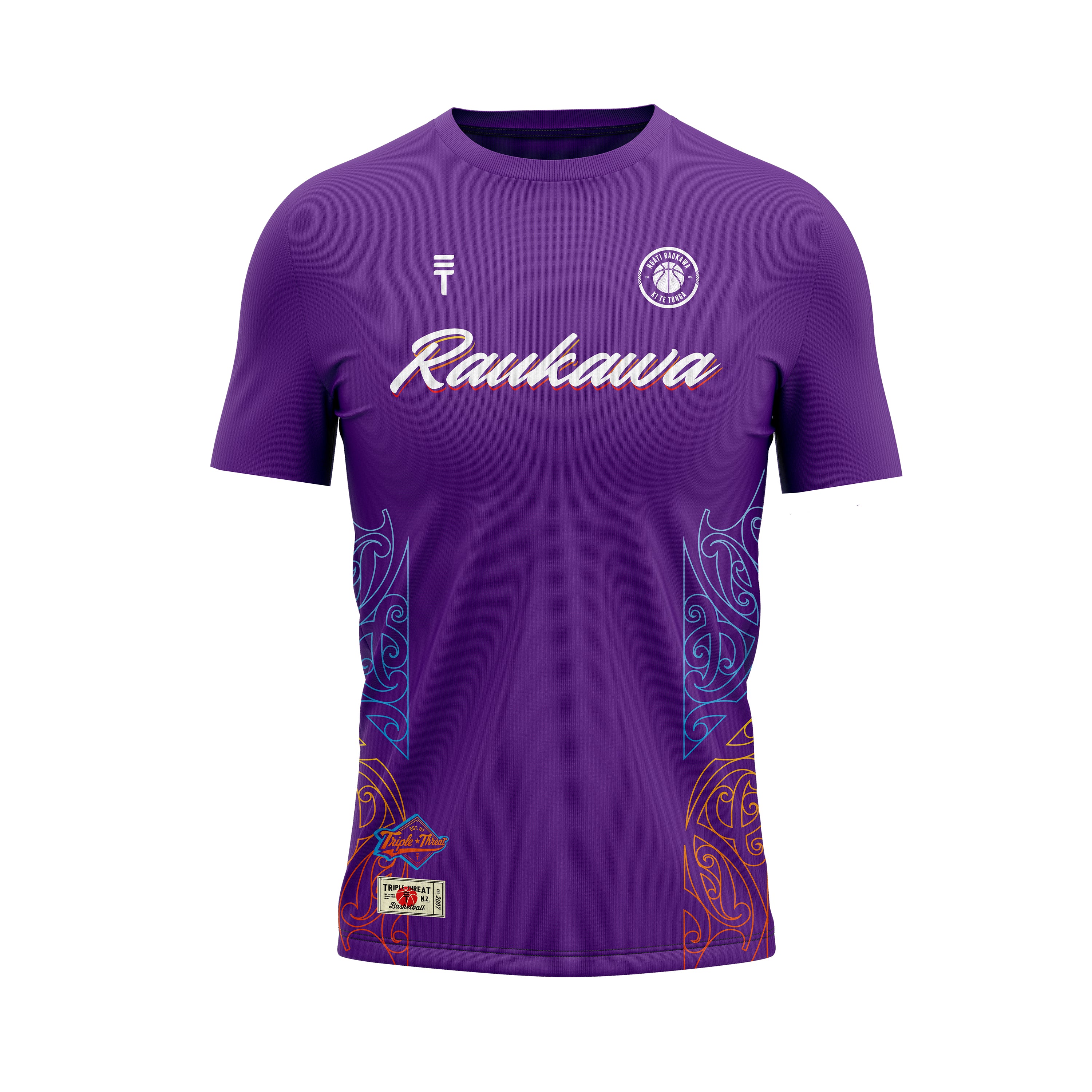 A purple t-shirt with 'Raukawa' written on the front, along with Māori designs and logos.