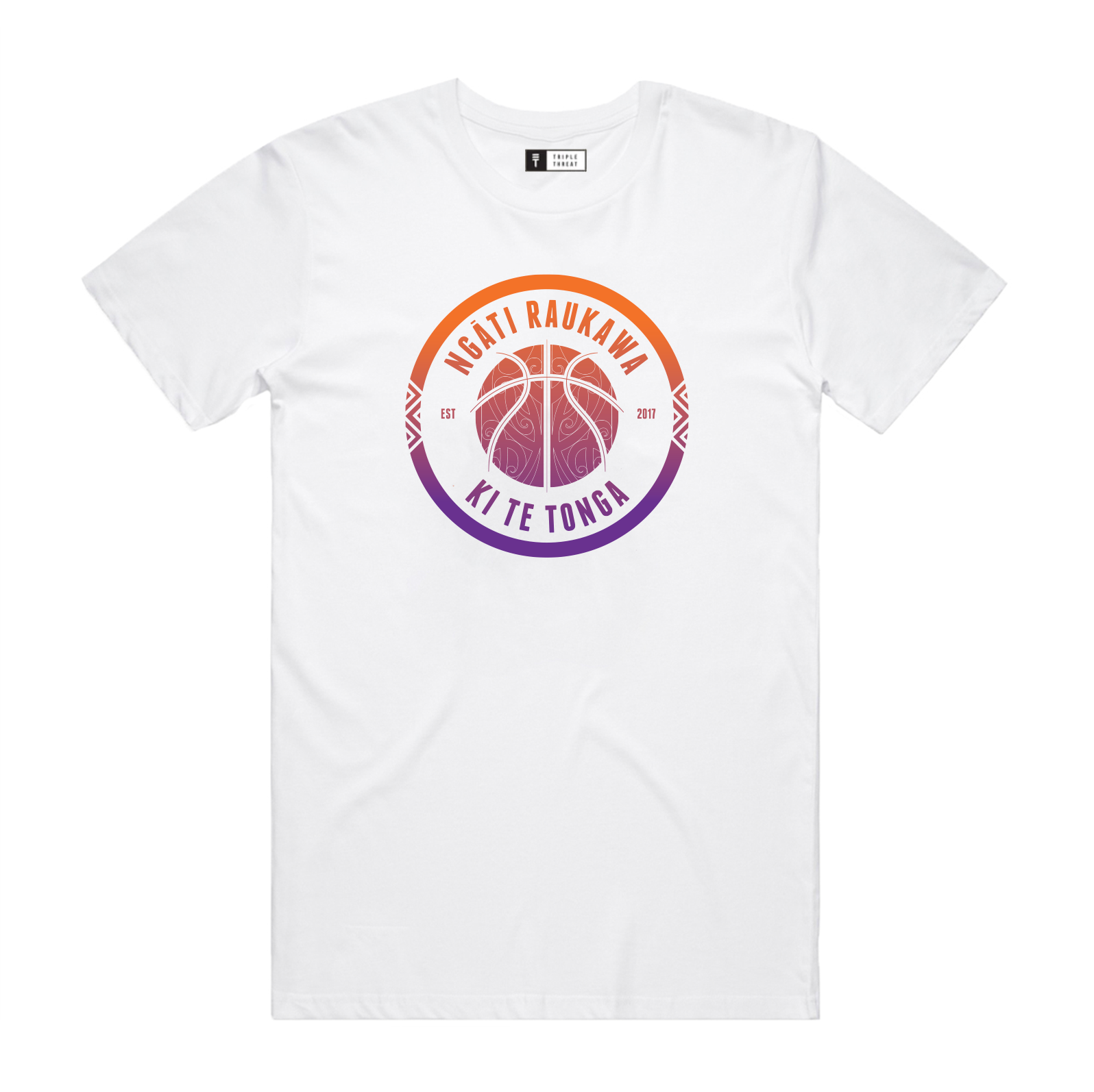 A white crew neck t-shirt with a graphic print of a basketball and the text 'Ngati Raukawa' on the front