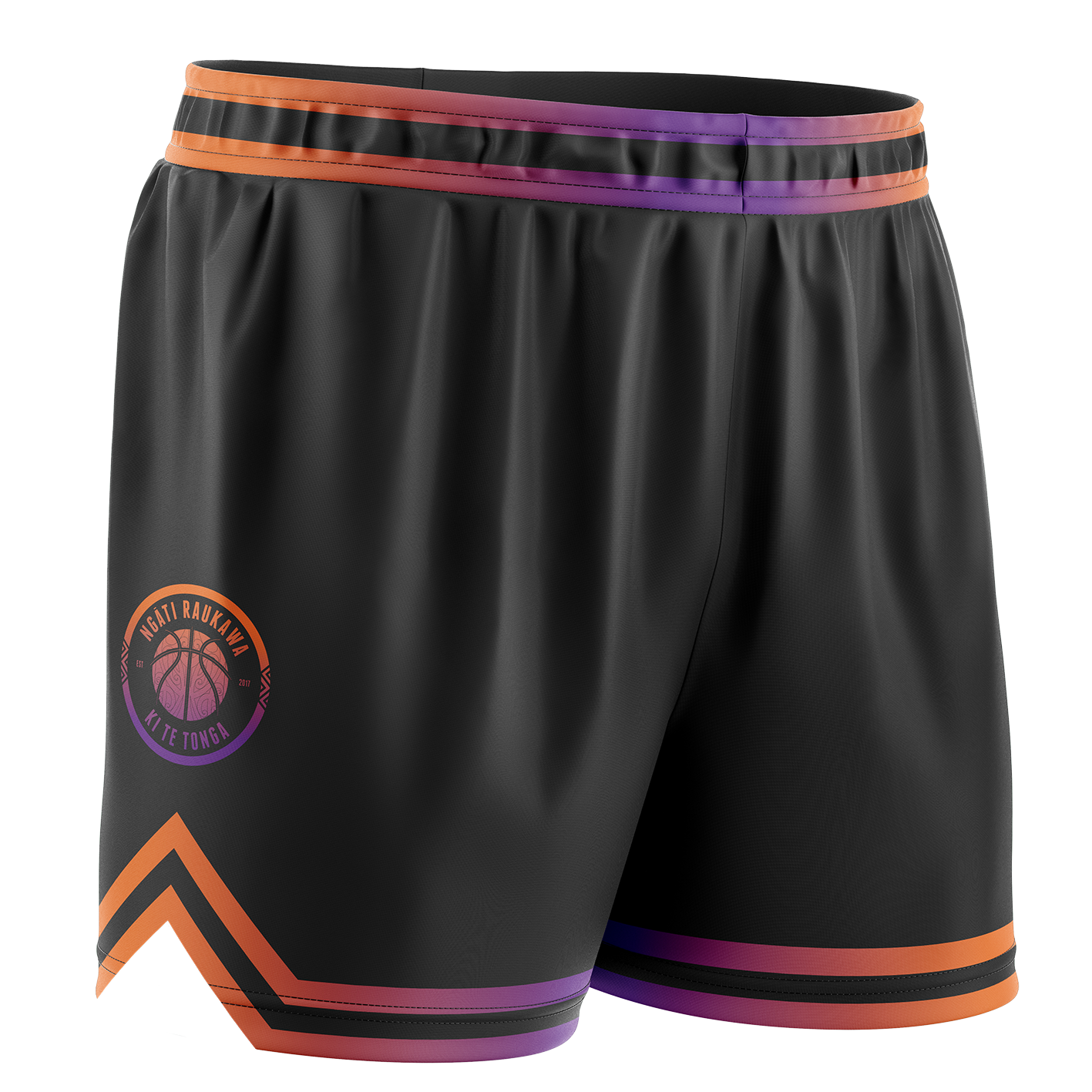 Black Raukawa basketball shorts with Raukawa logo and purple and orange trim