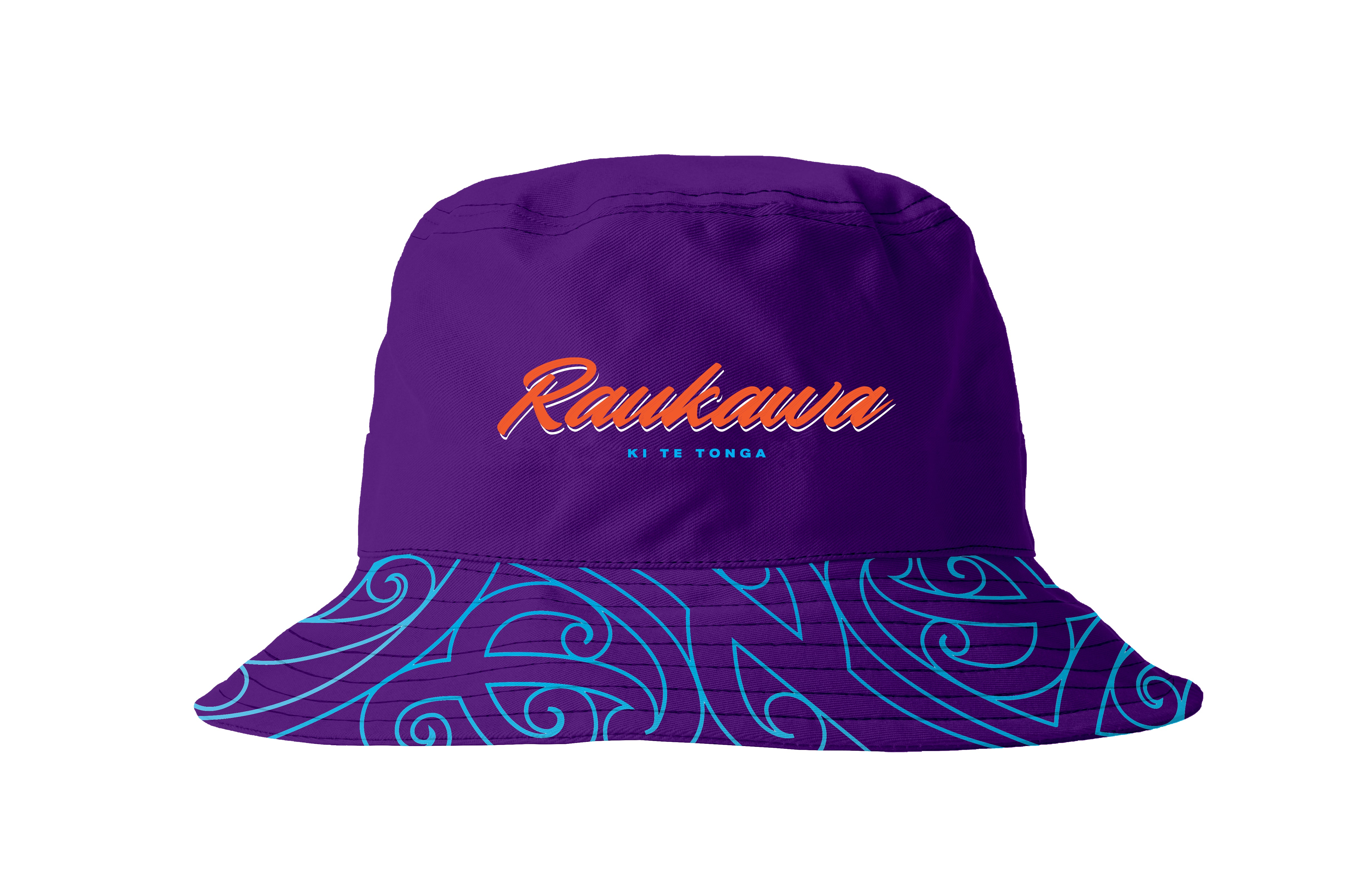Purple bucket hat with blue Maori pattern design and red Raukawa text on a white background