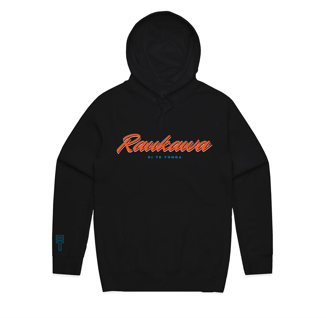 Black hoodie with 'Rawkawa' text on a white background