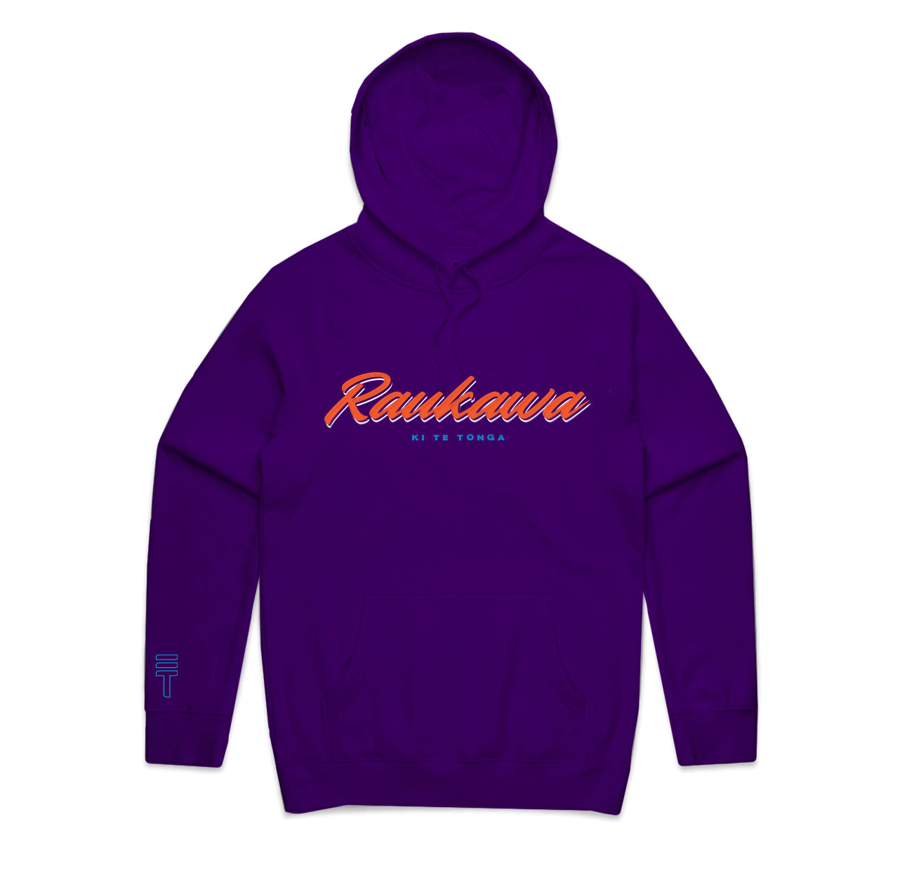 Purple hoodie with 'Rawkawa' text on a white background