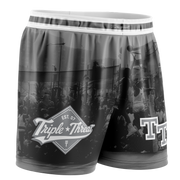Kids basketball shorts with Rucker Basketball image printed throughout in black and white