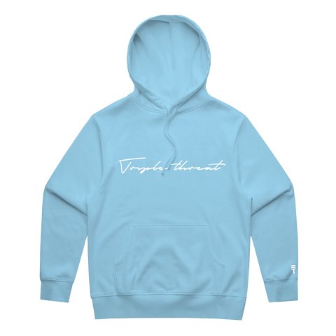 baby blue hoodie with the text "Triple Threat" in white script featuring a front pouch pocket and a white Triple Threat logo on the left sleeve