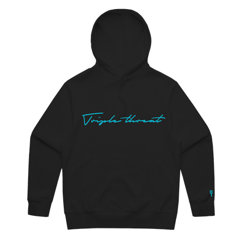 black hoodie with "Triple Threat" embroidered in light blue with a light blue Triple Threat logo on the bottom of the left sleeve