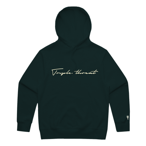 Deep green hoodie with script 'Triple Threat' embroidered in white across the center with a Triple Threat logo on the bottom of the right sleeve 