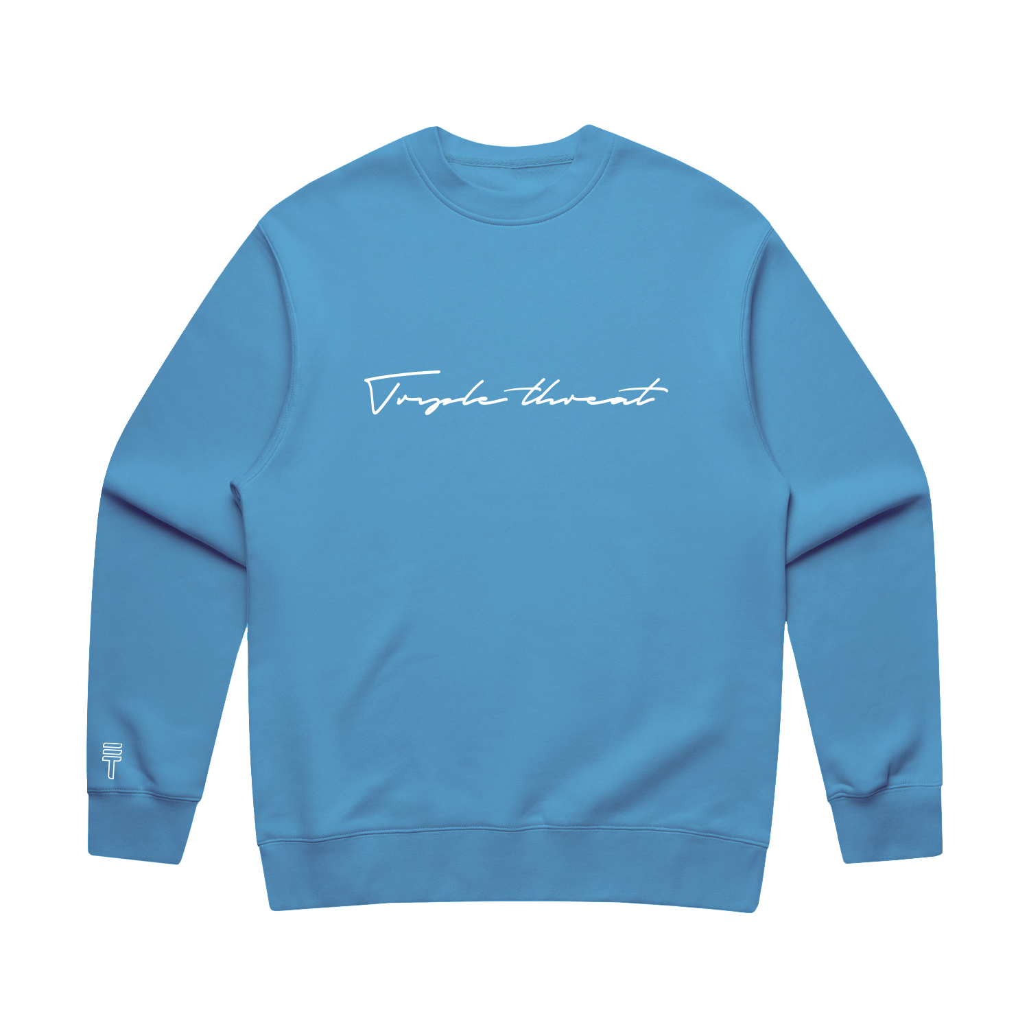 Sky blue sweatshirt with white embroidered Triple Threat script logo on a white background