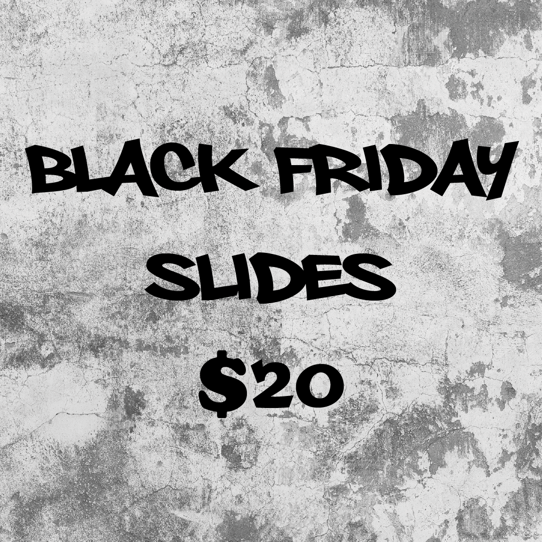 Promotional text for Black Friday Slides on a textured grey background