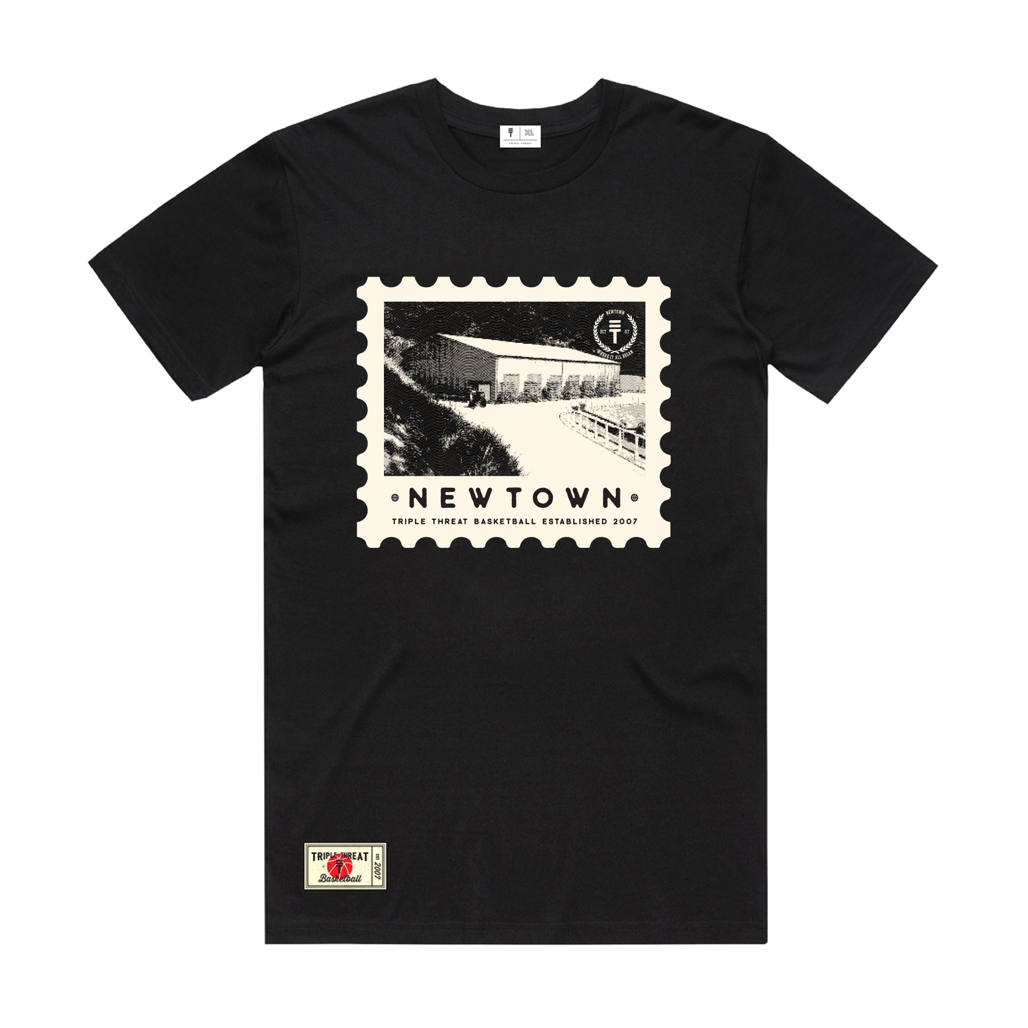 Black t-shirt with old photo of the Newtown (Wellington NZ) basketball gymnasium and Triple Threat logo