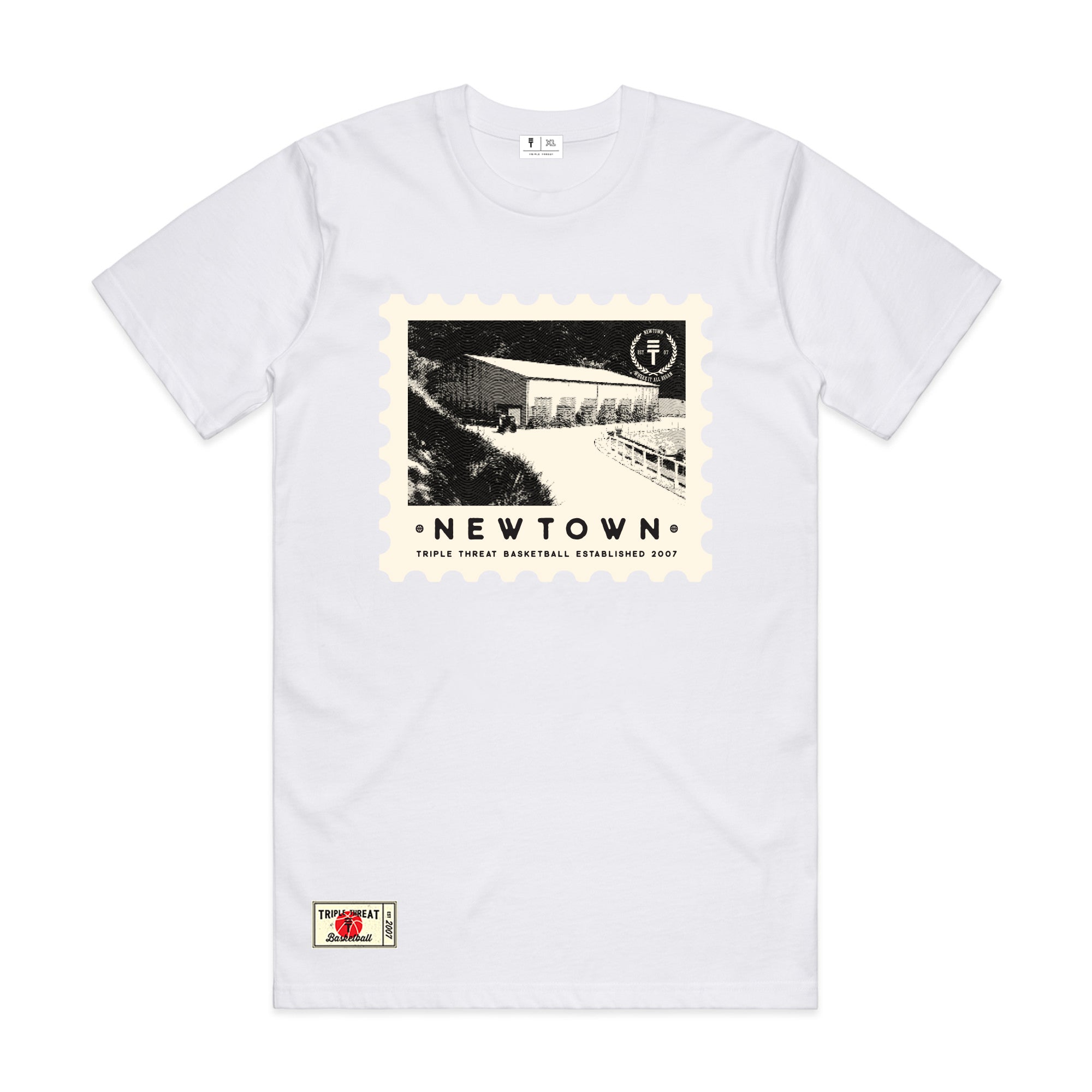 white t-shirt with old photo of the Newtown (Wellington NZ) basketball gymnasium and Triple Threat logo
