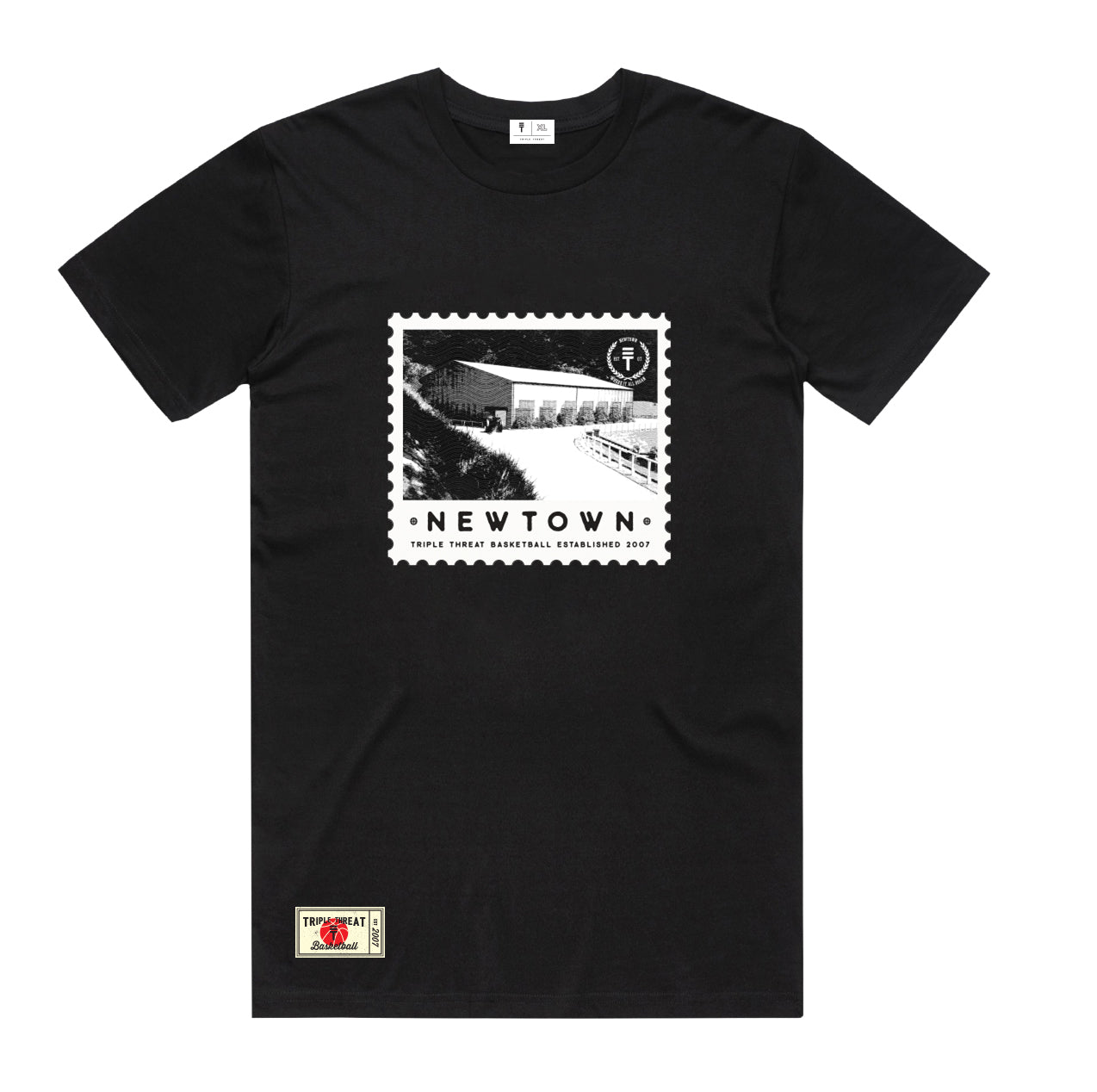 Black t-shirt with old photo of the Newtown (Wellington NZ)  basketball gymnasium and Triple Threat logo