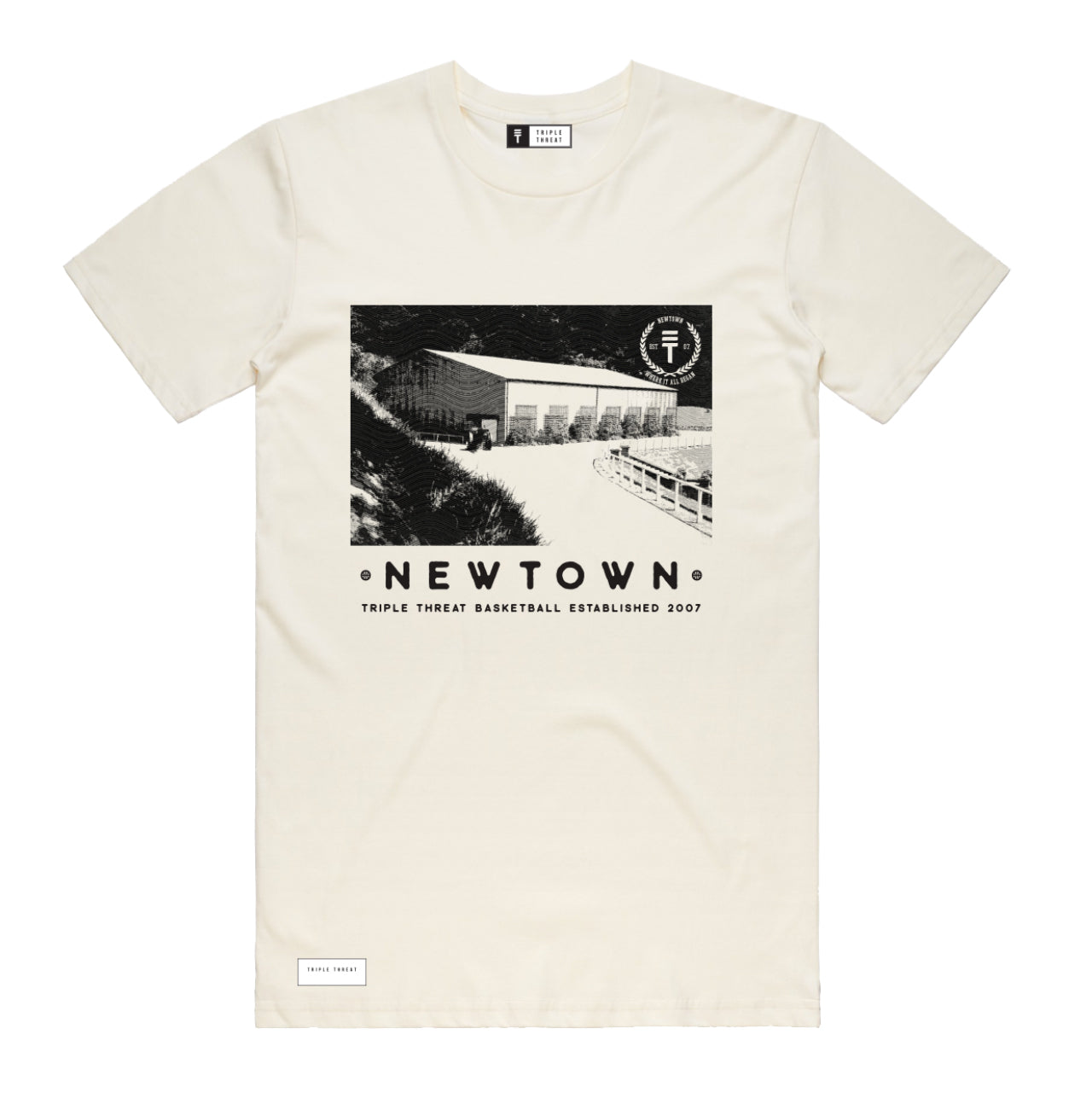 white t-shirt with old photo of the Newtown (Wellington NZ) basketball gymnasium and Triple Threat logo