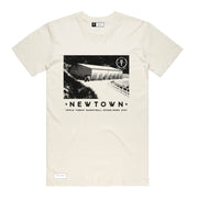 white t-shirt with old photo of the Newtown (Wellington NZ) basketball gymnasium and Triple Threat logo