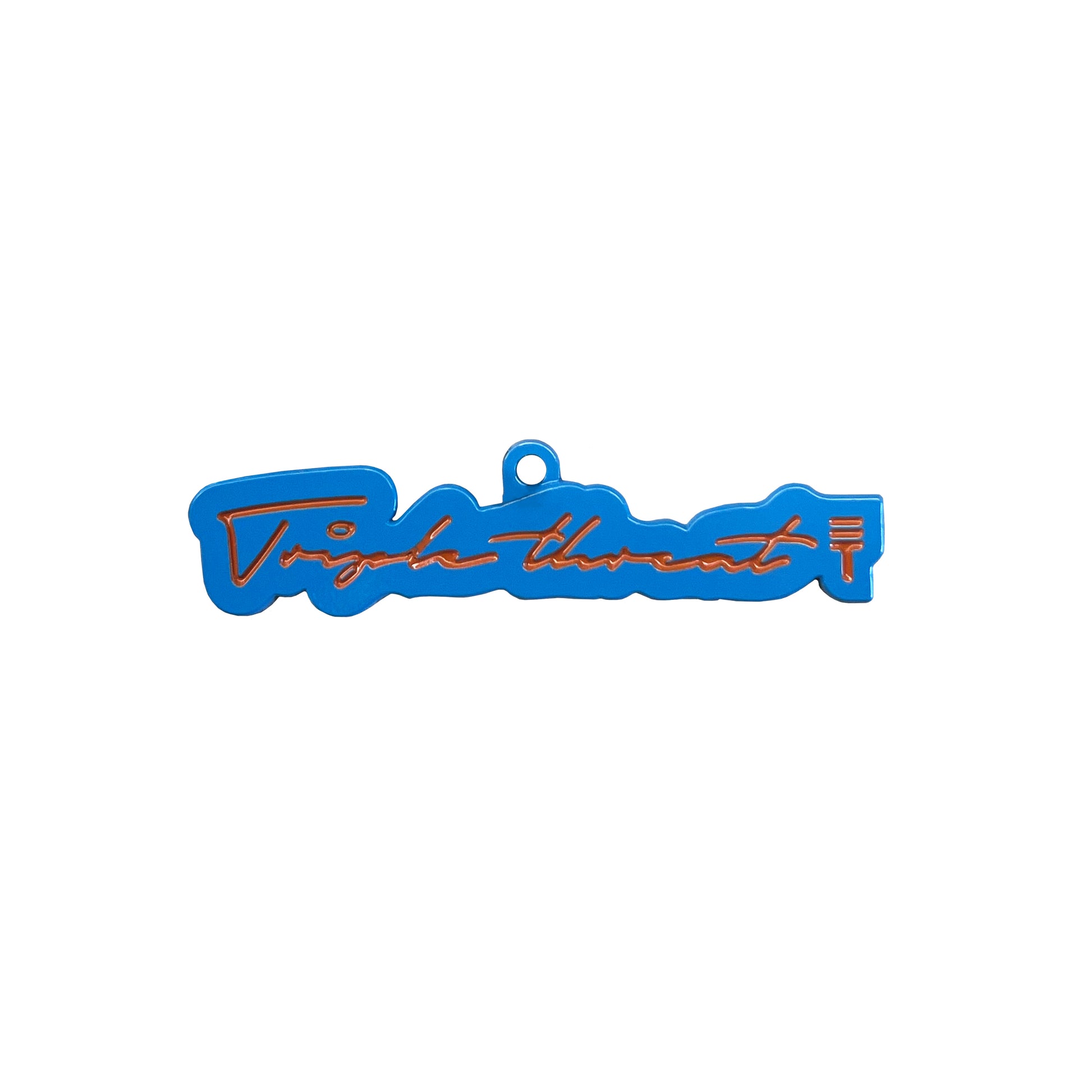 Metal Triple Threat Key Ring of "Triple Threat" text in script in orange and blue background