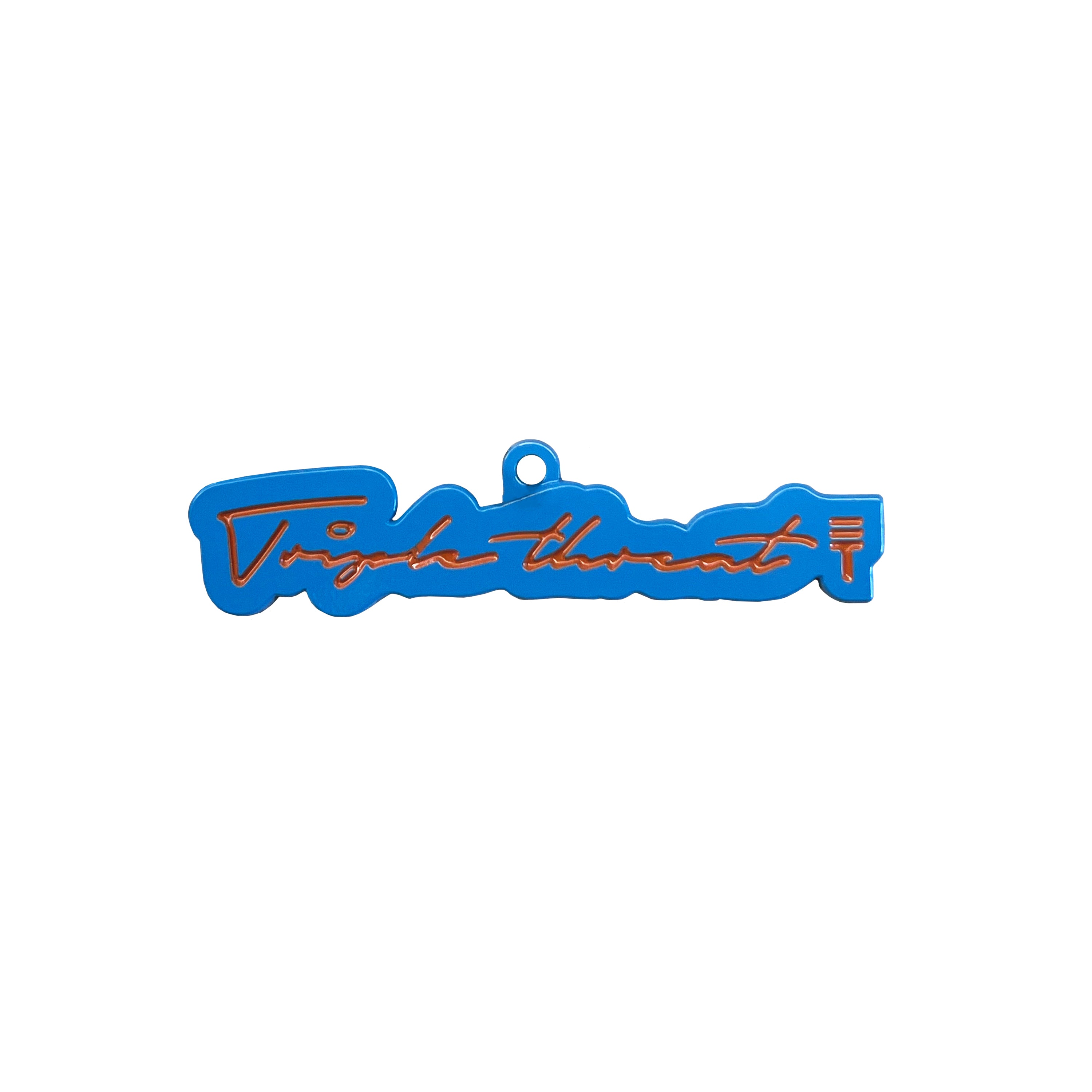 Metal Triple Threat Key Ring of "Triple Threat" text in script in orange and blue background