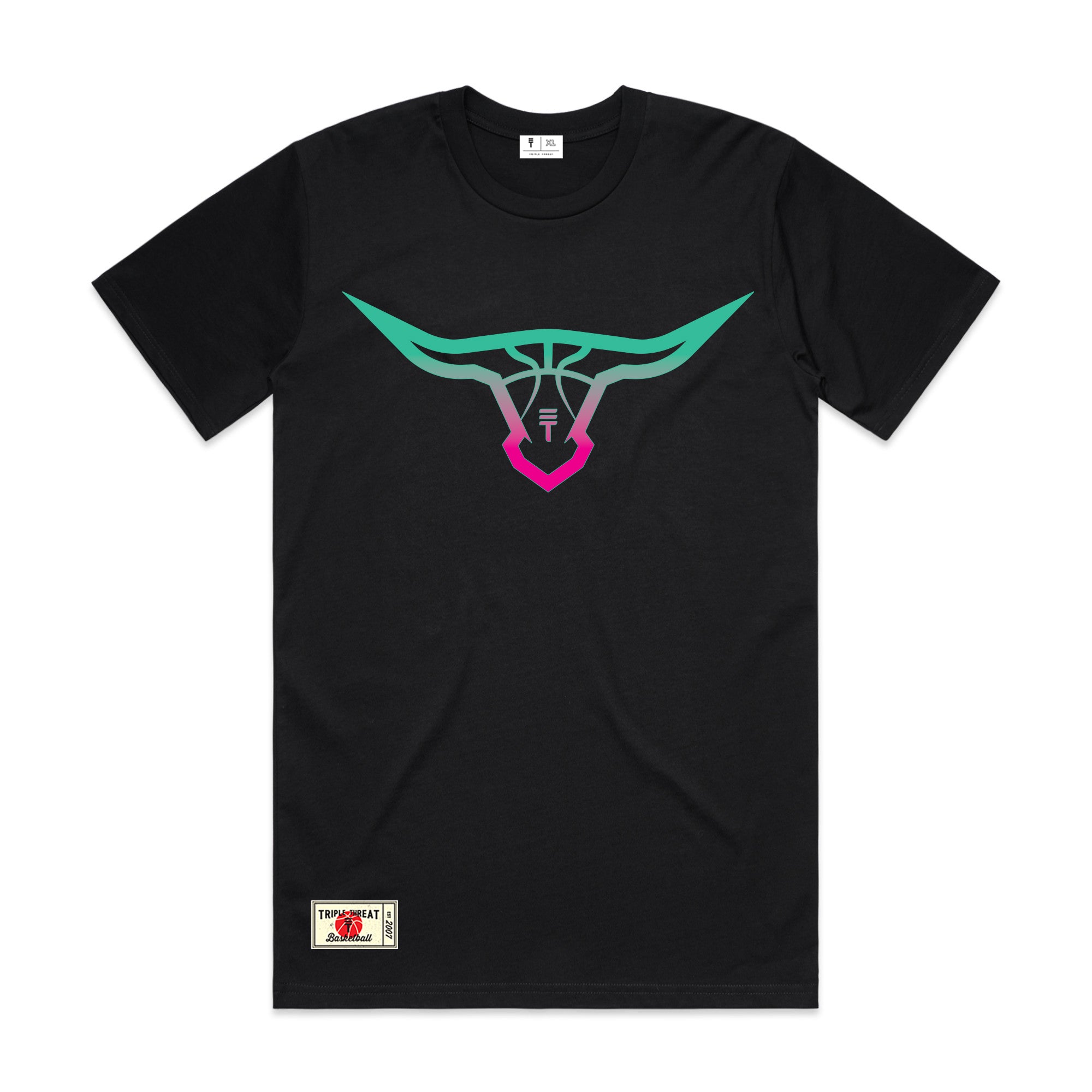 Black T-shirt with design of buffalo outline with basketball tread pattern in teal and pink featuring the Triple Threat logo 
