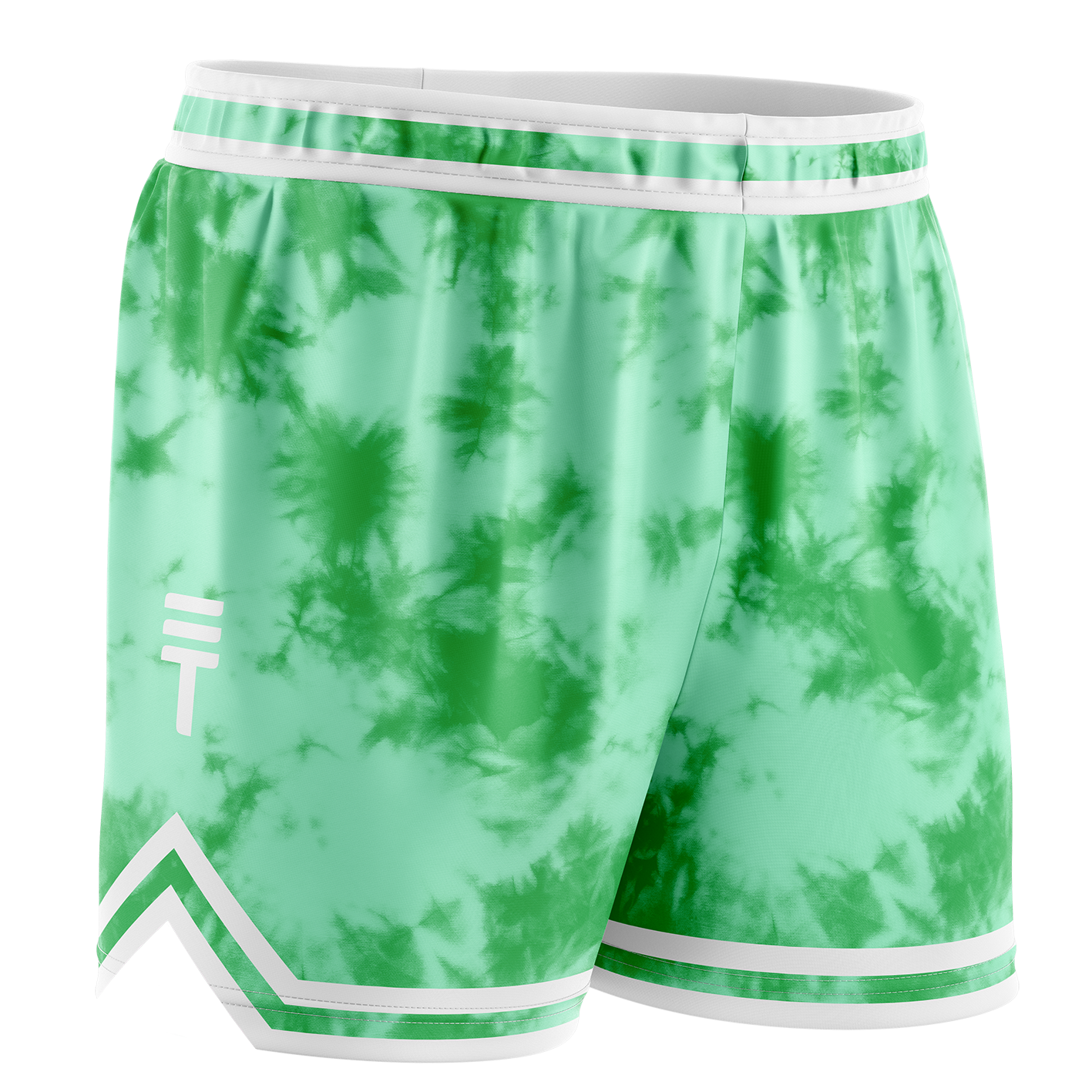 Mint and green tie-dye basketball shorts with an elastic waistband, white trim, and the Triple Threat logo