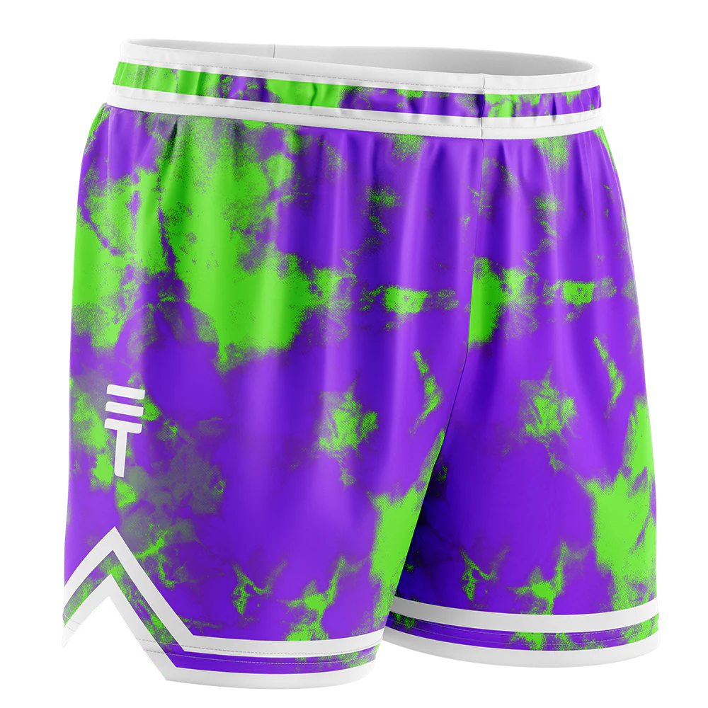 Adult purple and green tie dye basketball shorts with white accents, featuring the Triple Threat logo on the right leg.