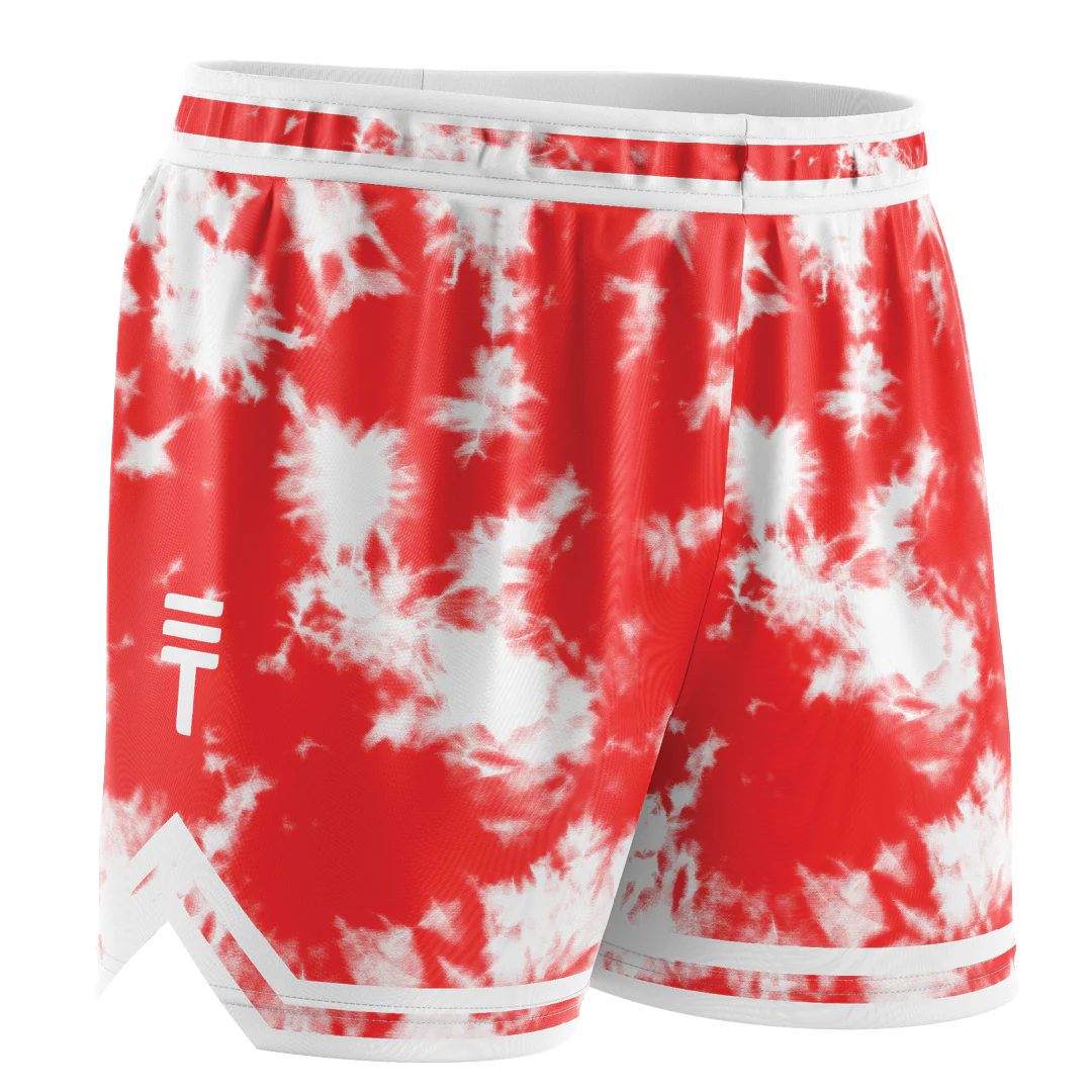 White and red tie-dye basketball shorts with an elastic waistband and the Triple Threat logo