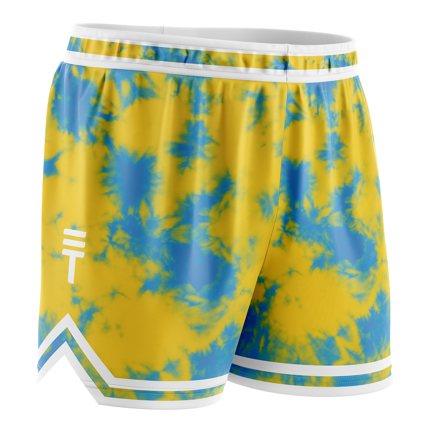 Yellow and blue tie-dye basketball shorts with white elastic waistband, featuring the Triple Threat logo