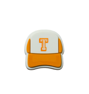 Orange Trucker hat Jibbit / Croc Charm with a white front featuring a T Triple Threat logo