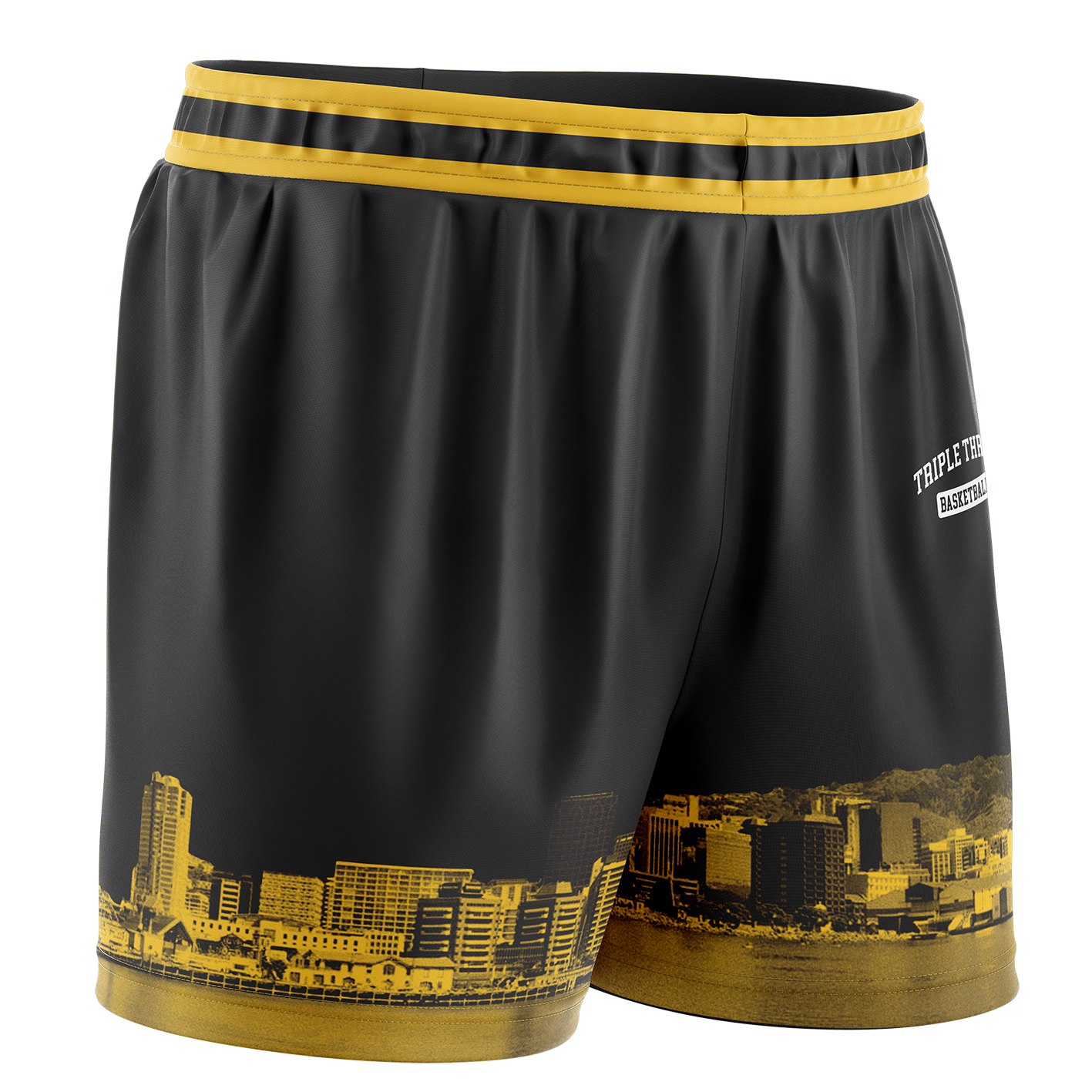 Black shorts with yellow accents and Wellington cityscape design on a white background