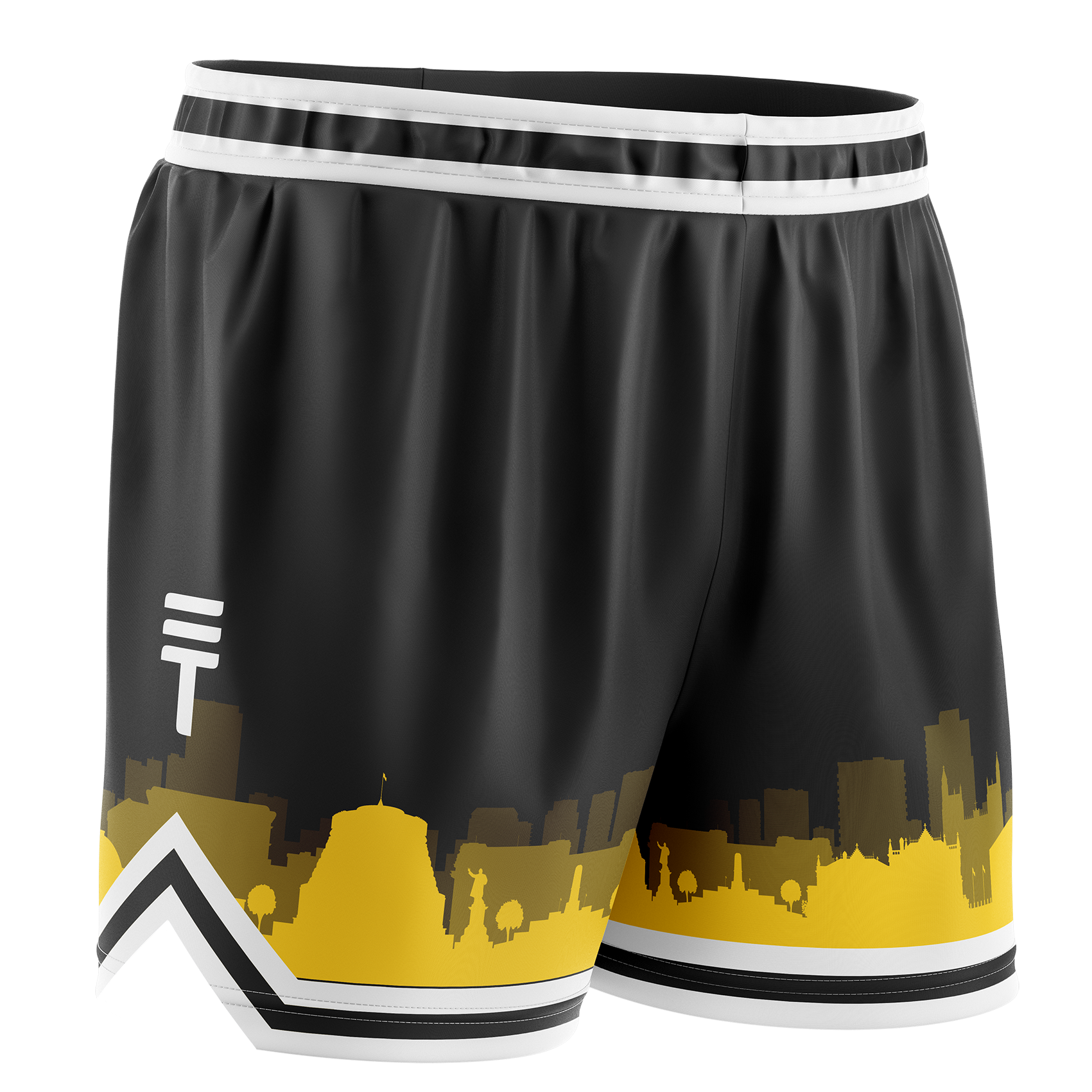 Black basketball shorts with a yellow Wellington city skyline design, elastic waistband, white trim, and the Triple Threat logo