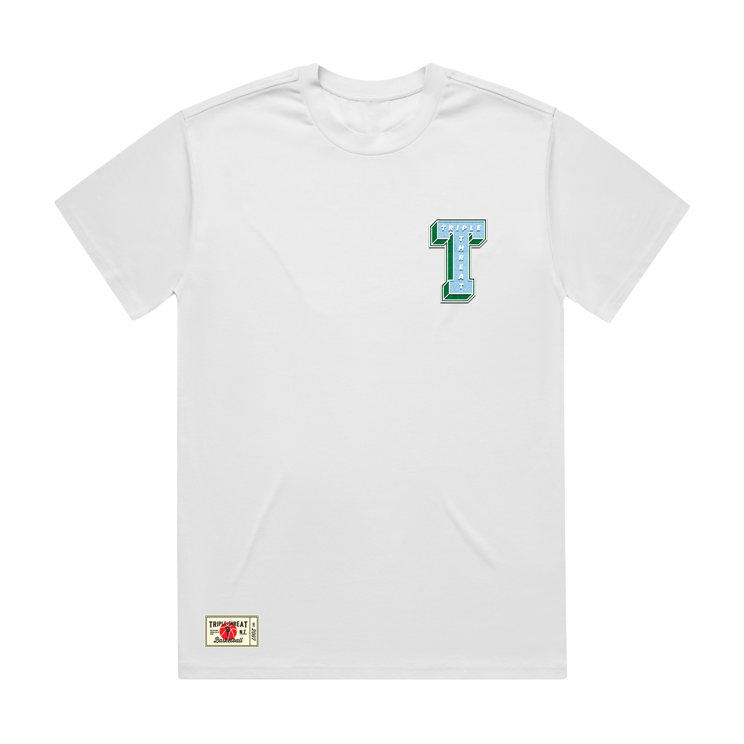 white t-shirt with Triple Threat logo in blue and green
