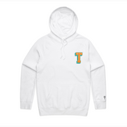 White hoodie with chenille Triple Threat logo in orange and teal