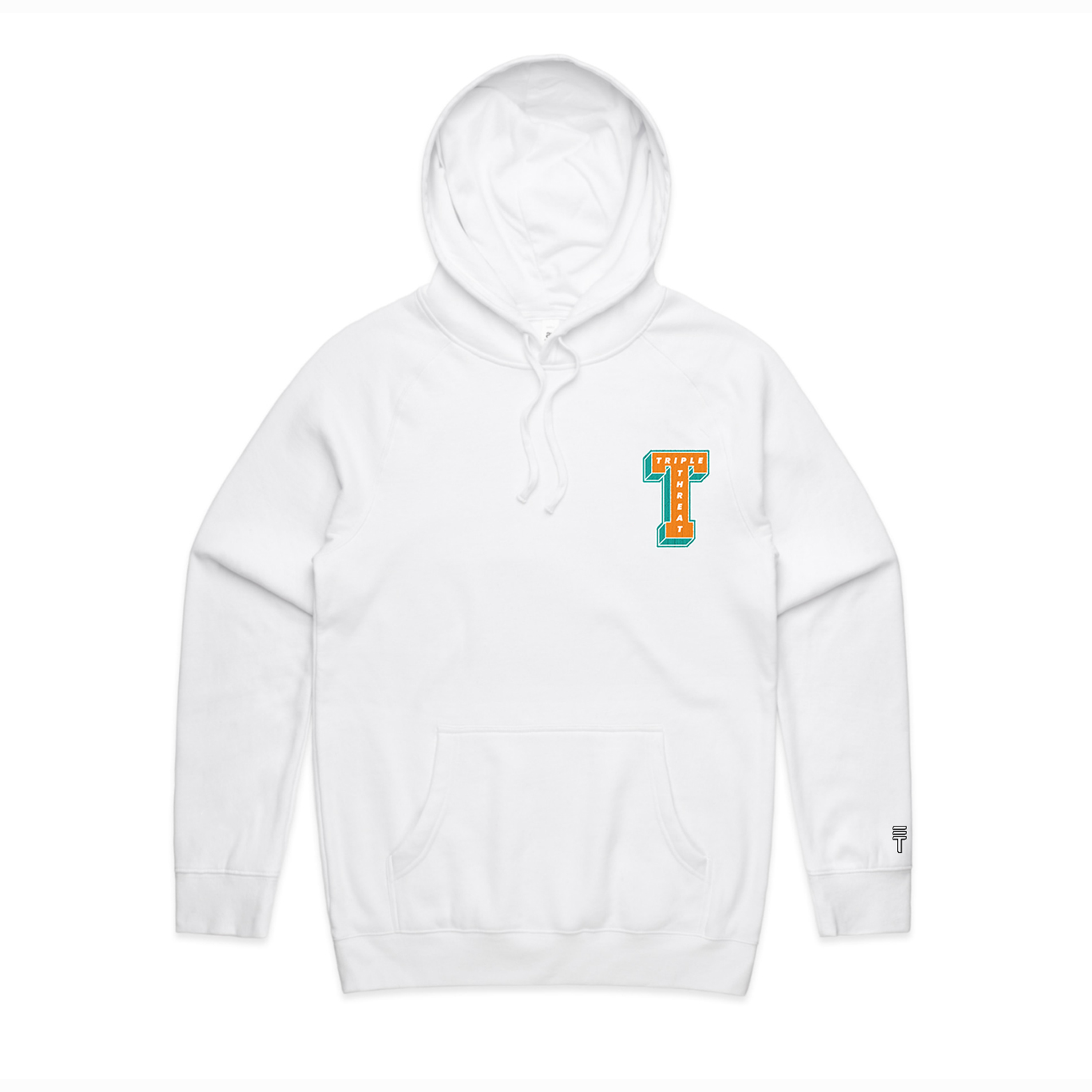 White hoodie with chenille Triple Threat logo in orange and teal