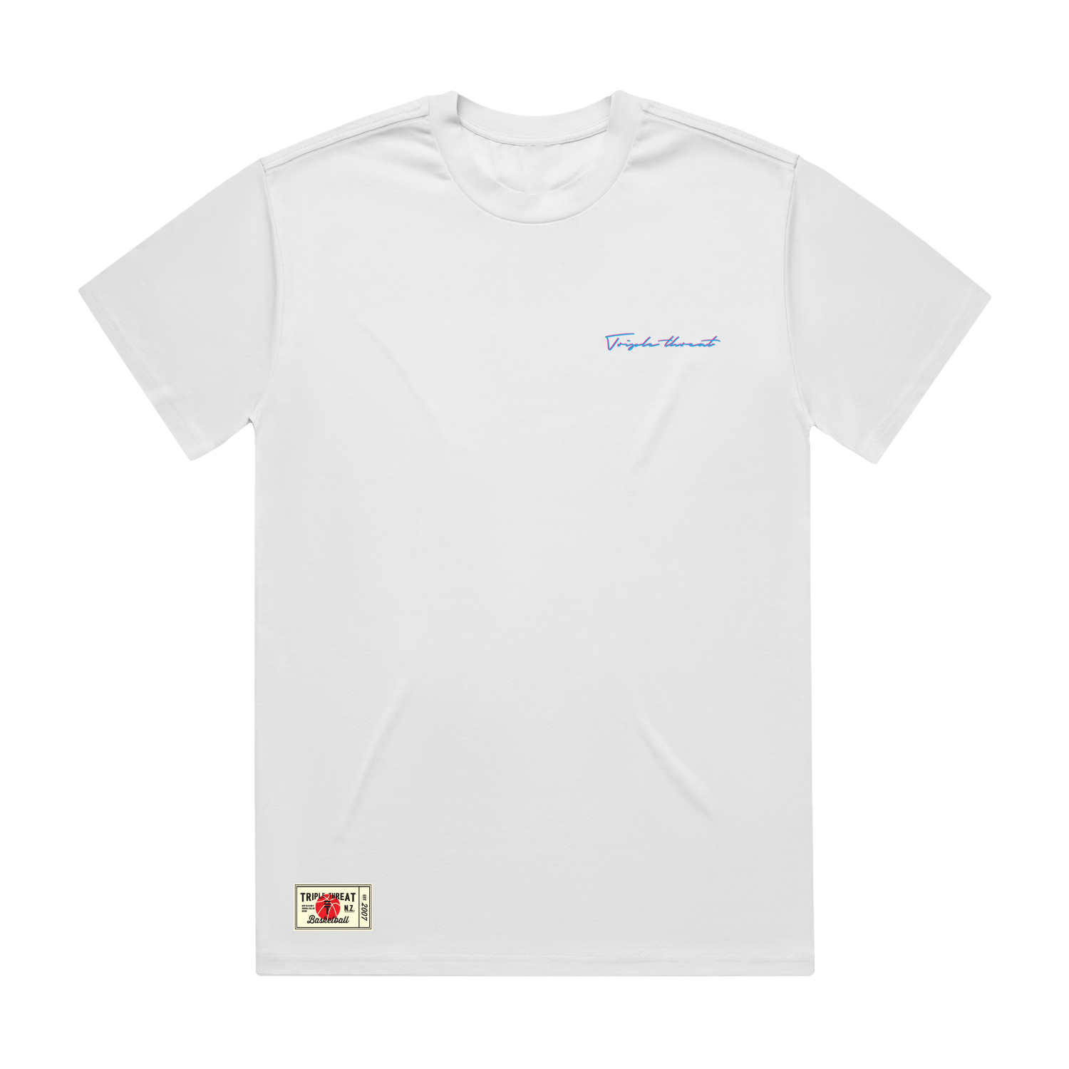 white t-shirt with script "Triple Threat" text in blue and pink 