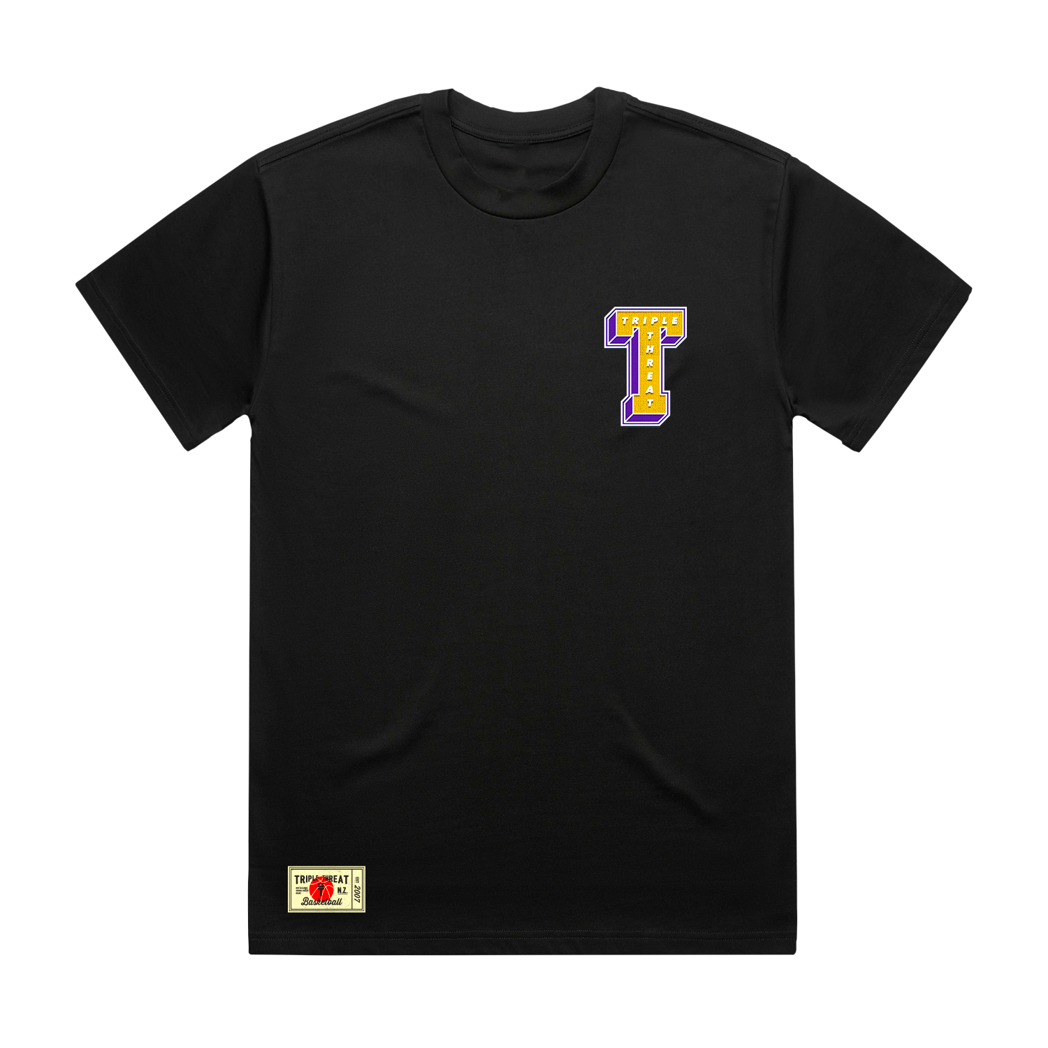 Black T-shirt with the 3D T logo in yellow and purple 