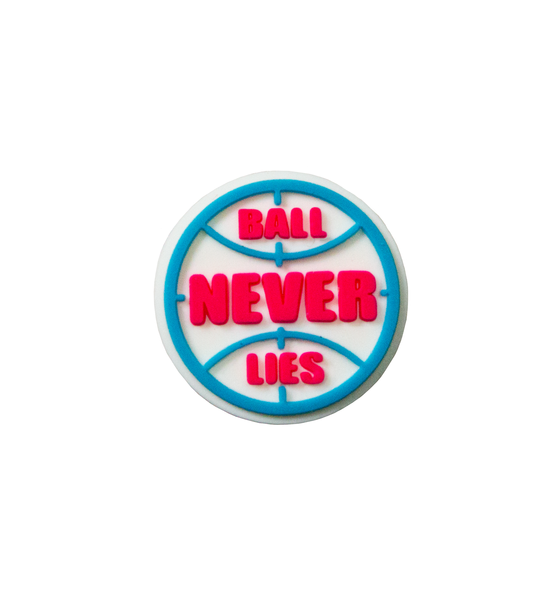 Triple Threat Shoe Charm of a ball outline in blue with the text 'BALL NEVER LIES' inside in red