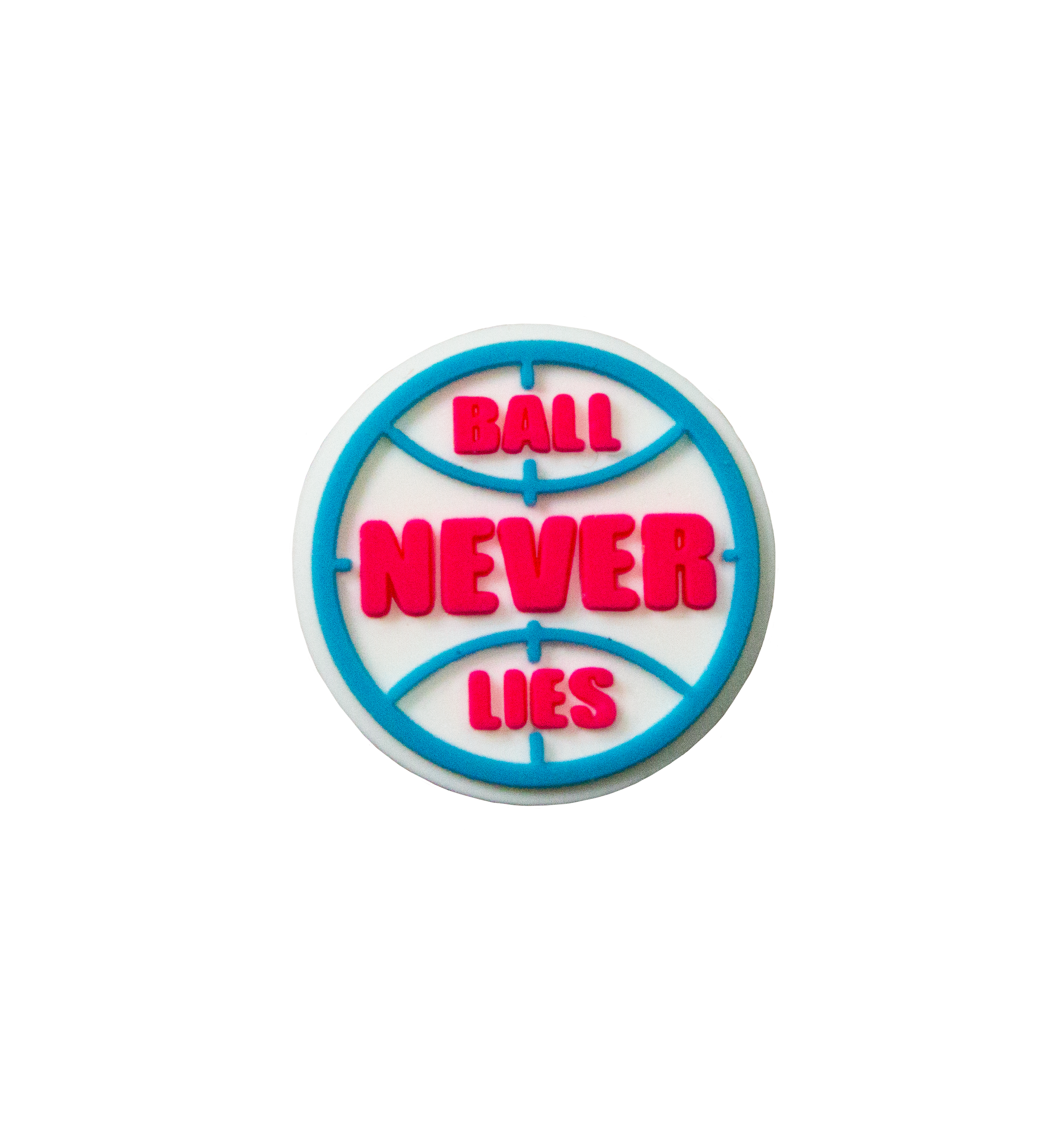 Triple Threat Shoe Charm of a ball outline in blue with the text 'BALL NEVER LIES' inside in red