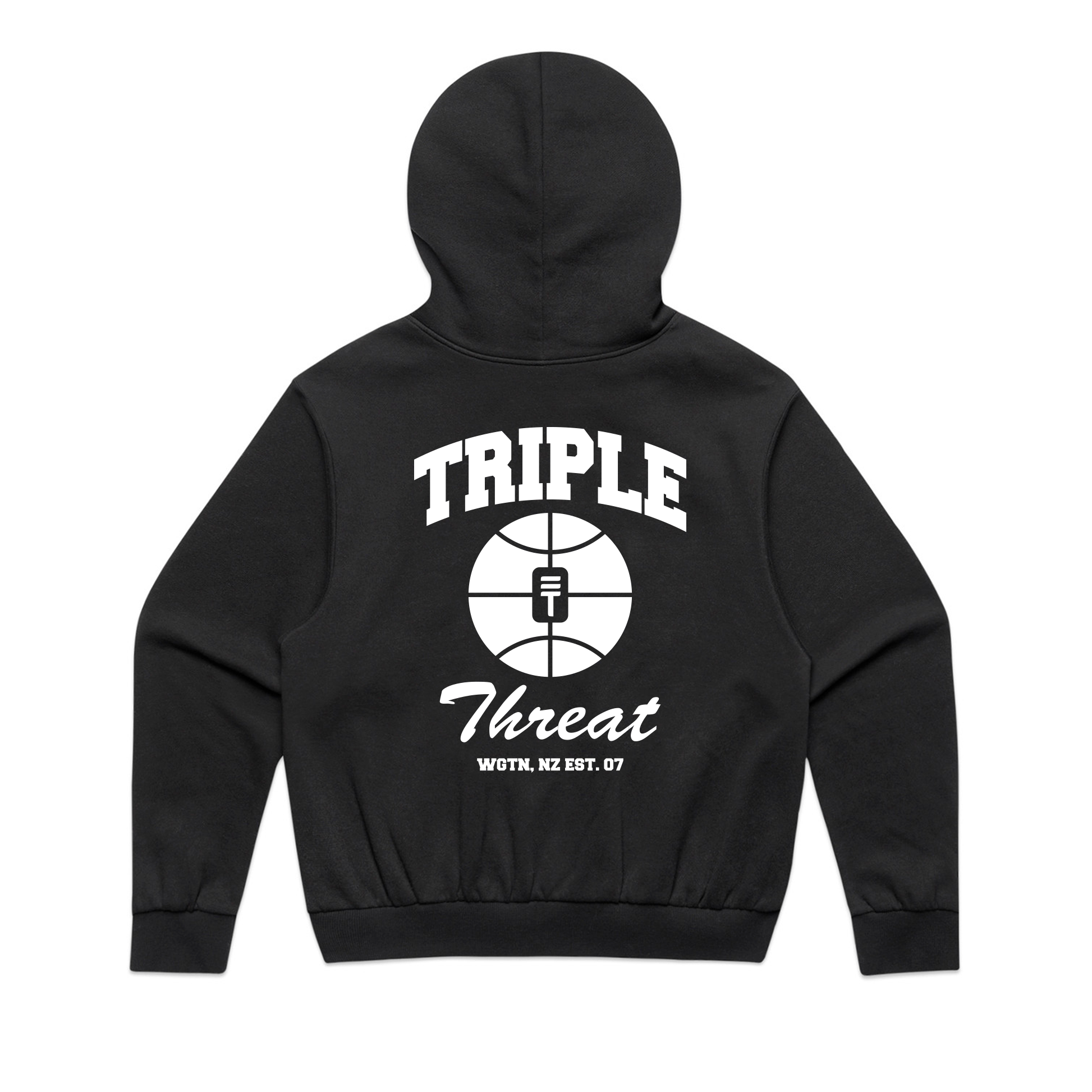 Black hoodie with large 'Triple Threat' logo on the back