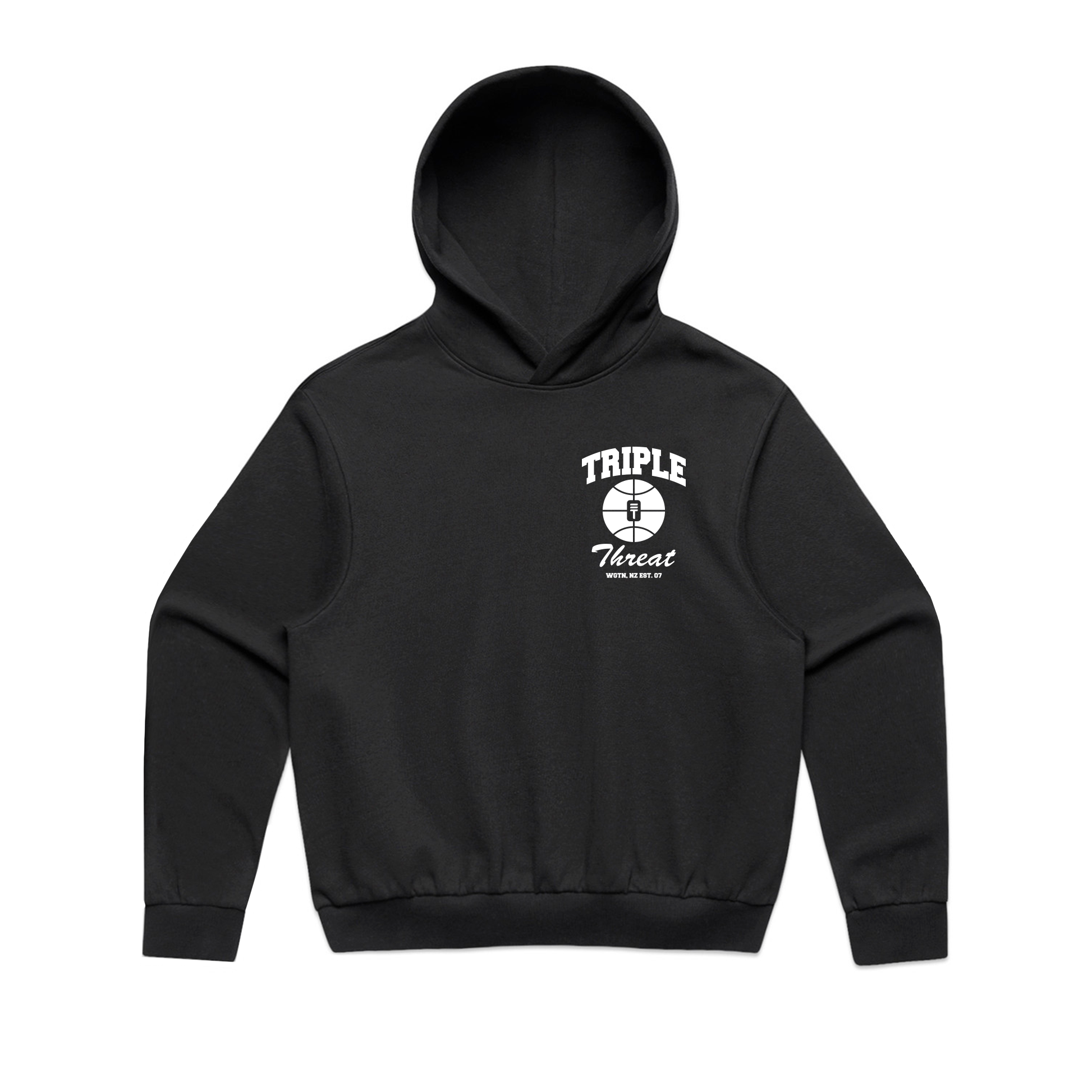 Black hoodie with 'Triple Threat' logo on the front