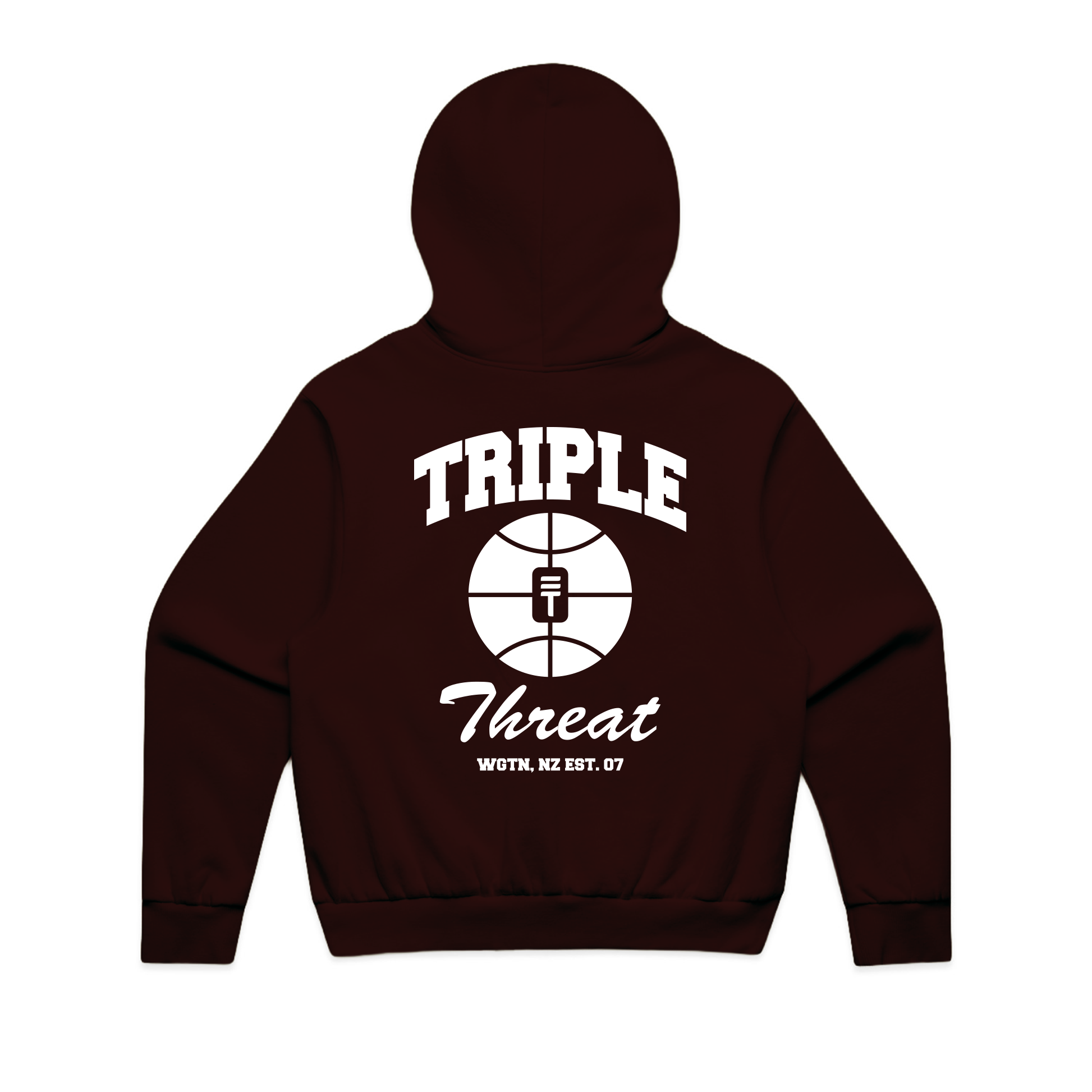 Brown hoodie with 'Triple Threat' logo on the back against a white background