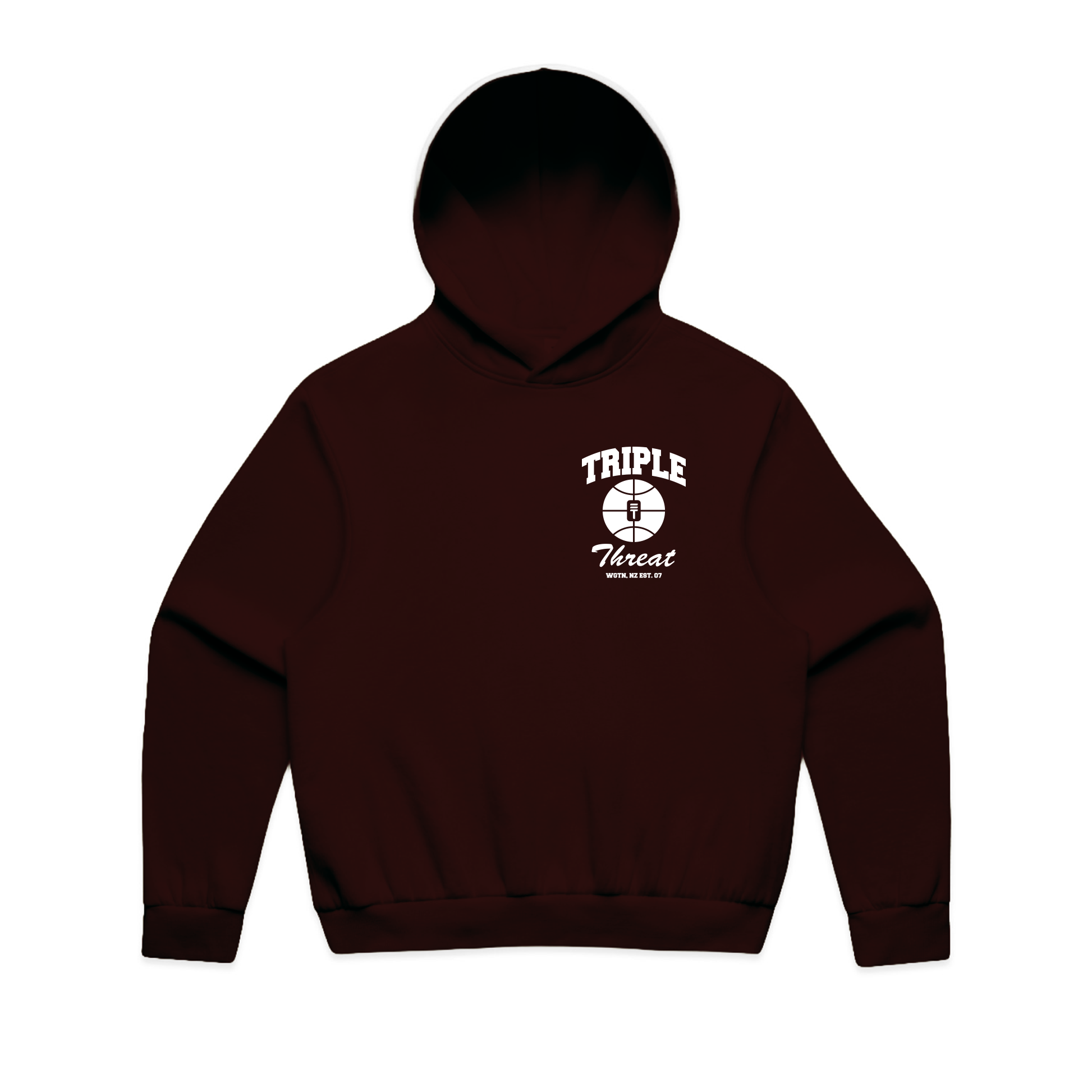 Brown hoodie with 'Triple Threat' logo on a white background