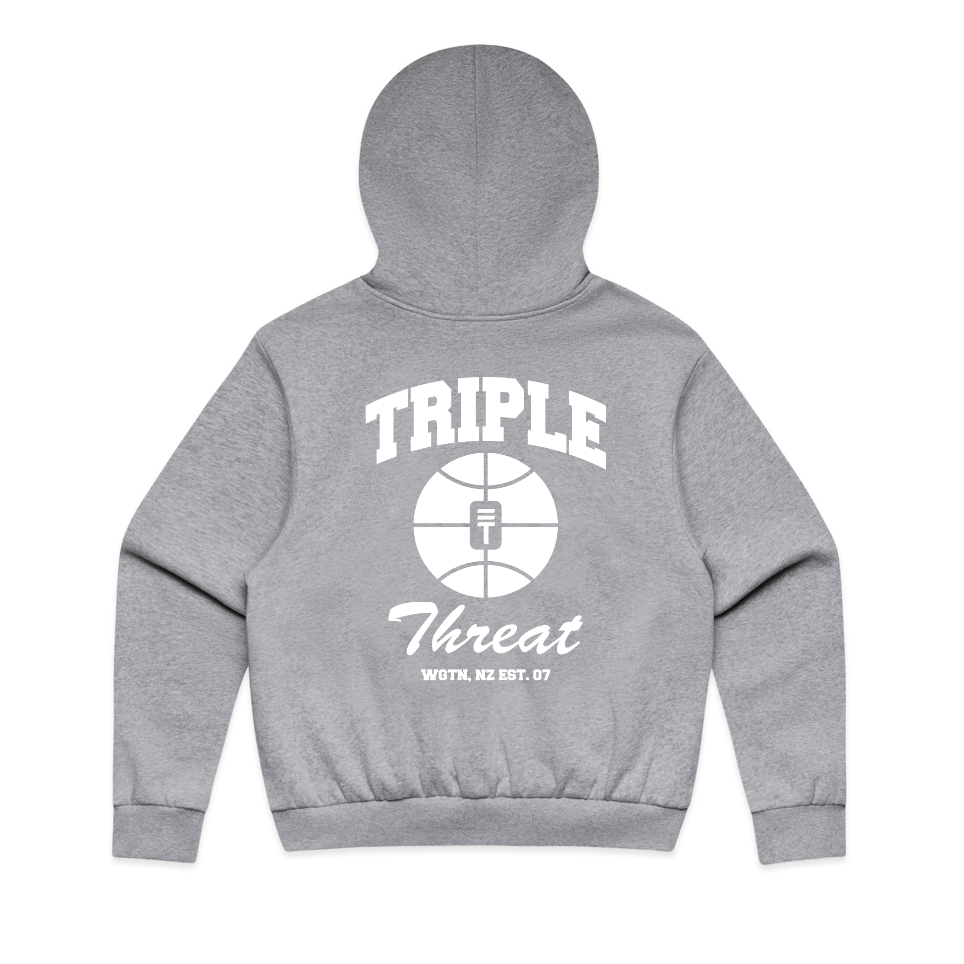 Gray hoodie with large 'Triple Threat' logo on the back