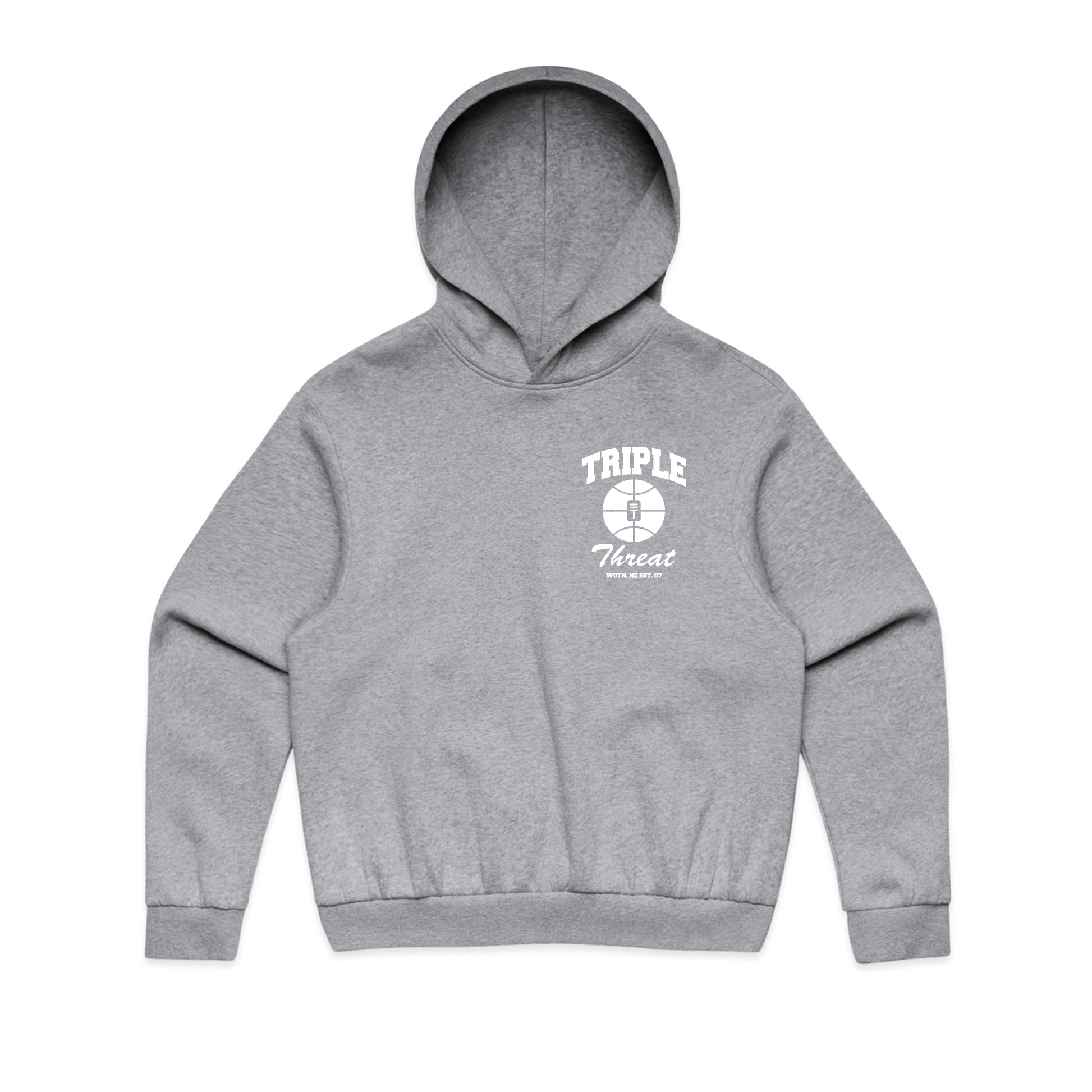 Charcoal Grey baseline hoodie with 'Triple Threat' logo on the front