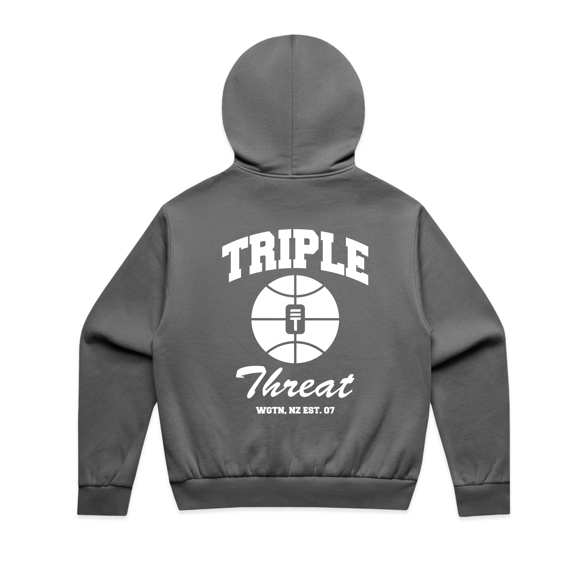 Gray hoodie with 'Triple Threat' logo on the back against a white background