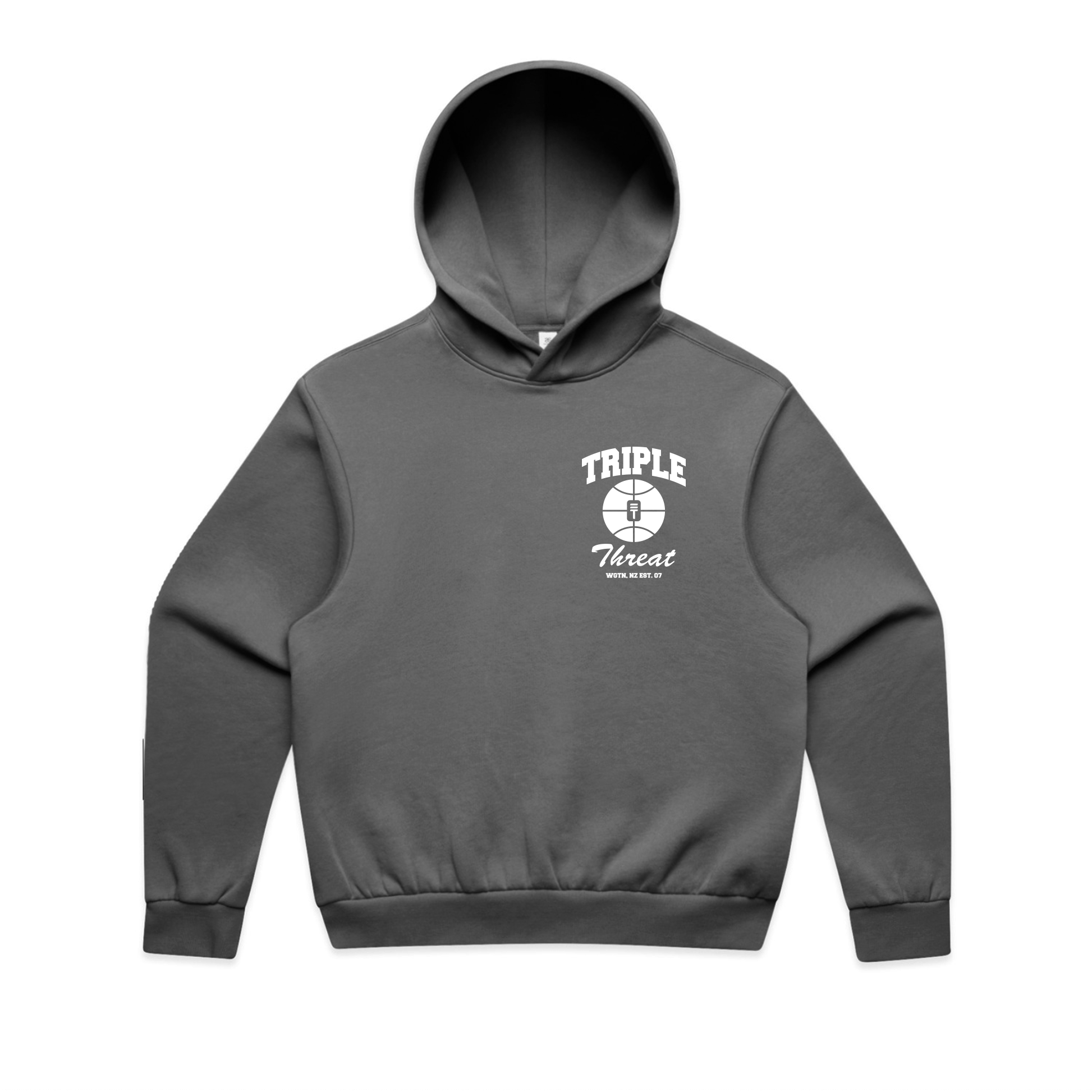 Gray hoodie with 'Triple Threat' logo on a white background