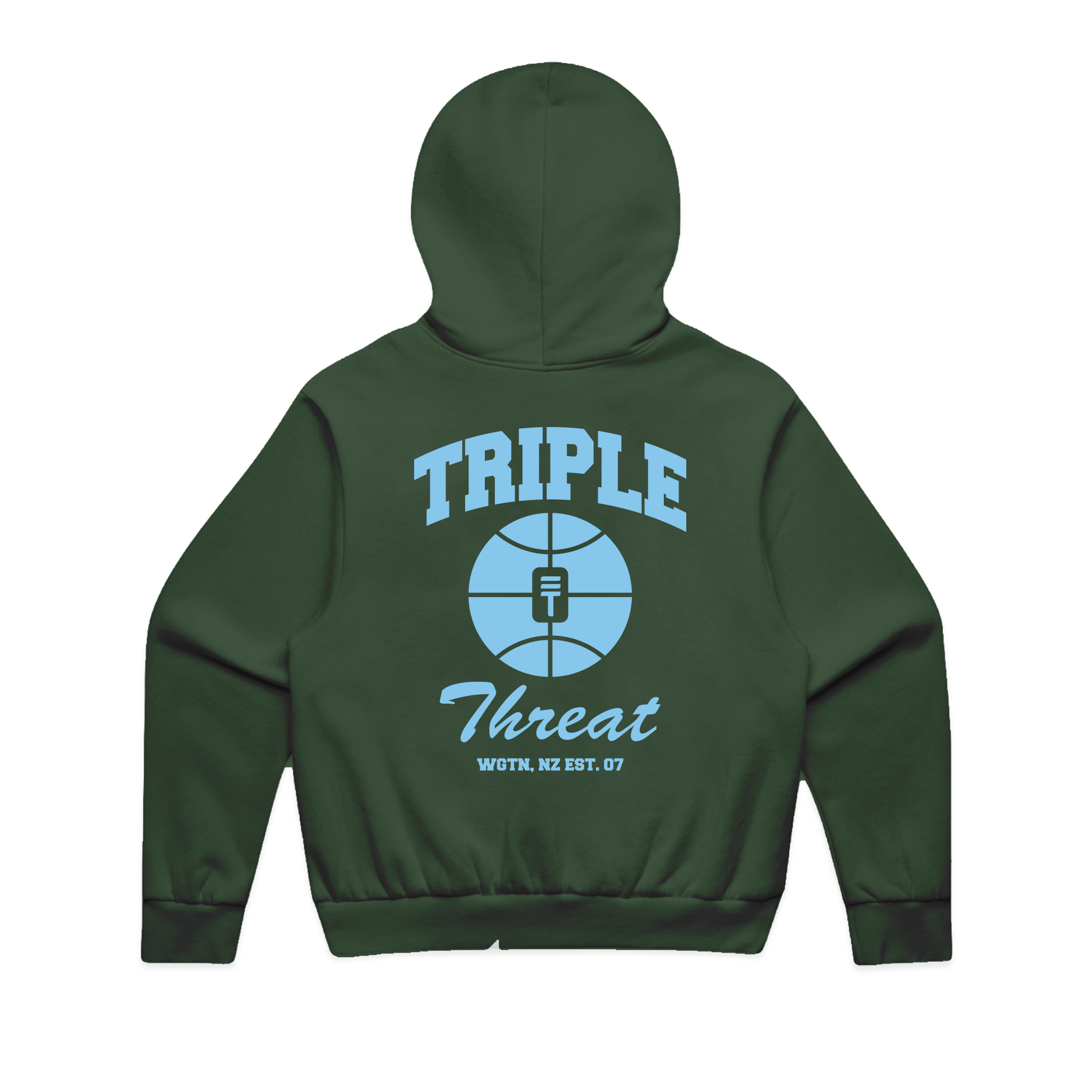 Green unisex hoodie with 'Triple Threat' logo on the back