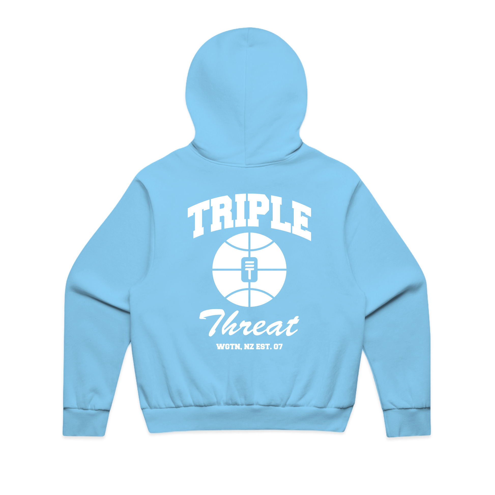 Light blue baseline hoodie back view made by Triple Threat NZ