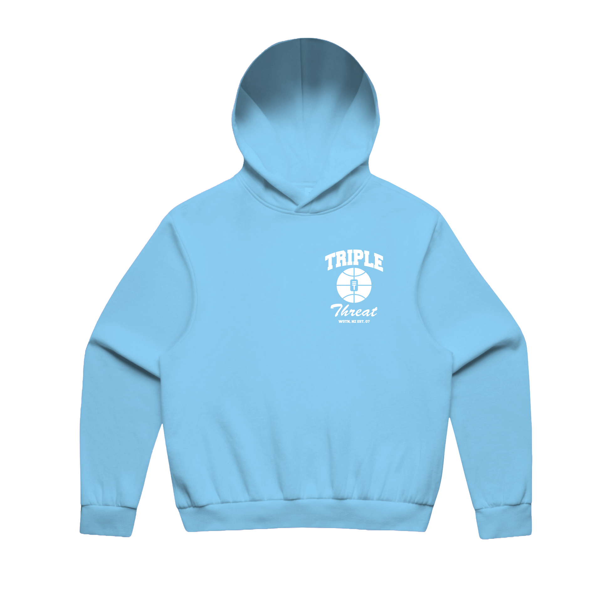 Light blue baseline hoodie made by Triple Threat NZ
