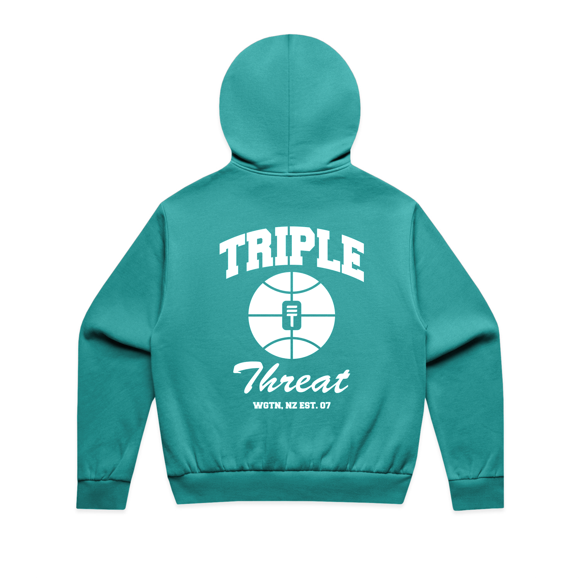 Teal unisex hoodie with 'Triple Threat' logo on the back against a white background