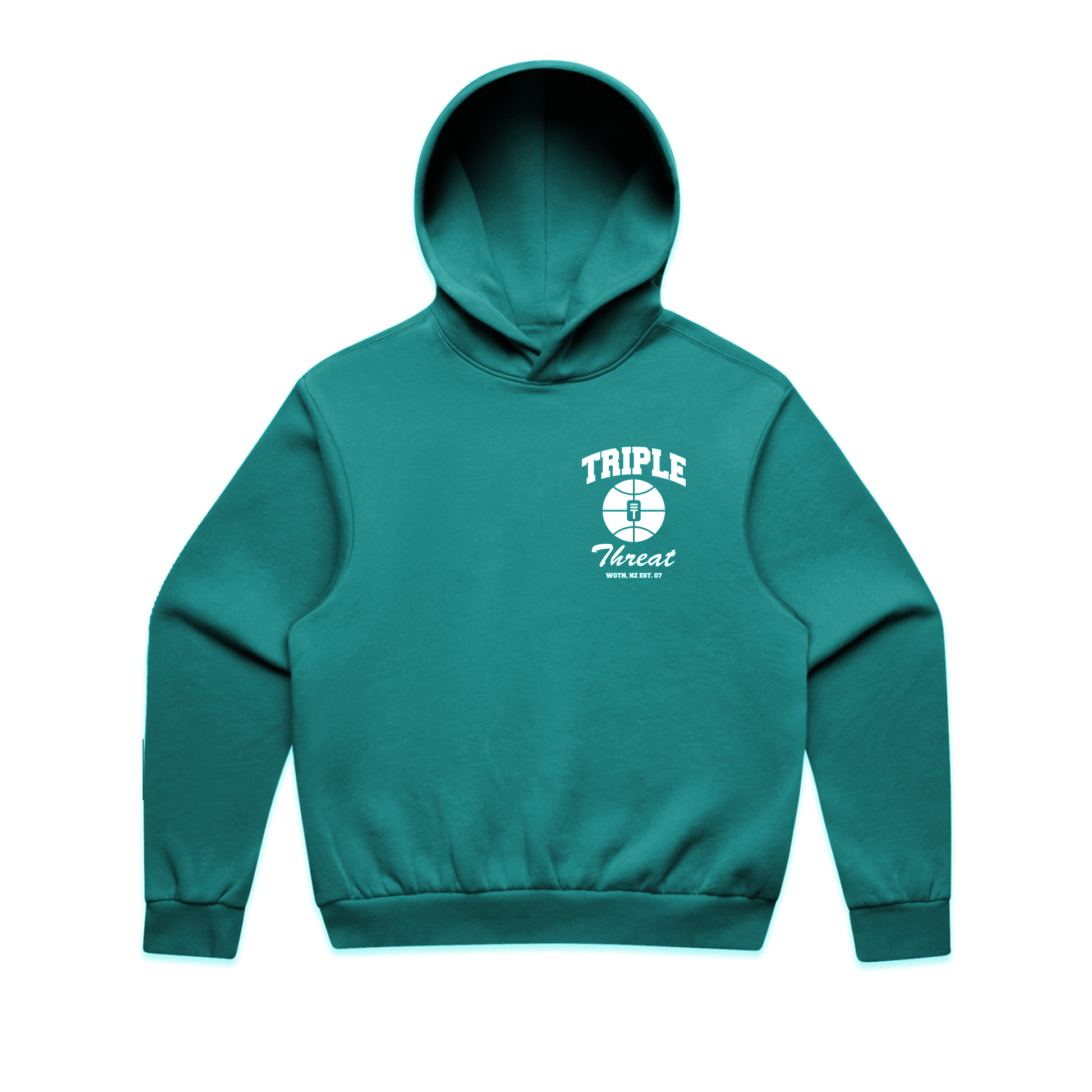 Teal unisex hoodie with 'Triple Threat' logo on a white background