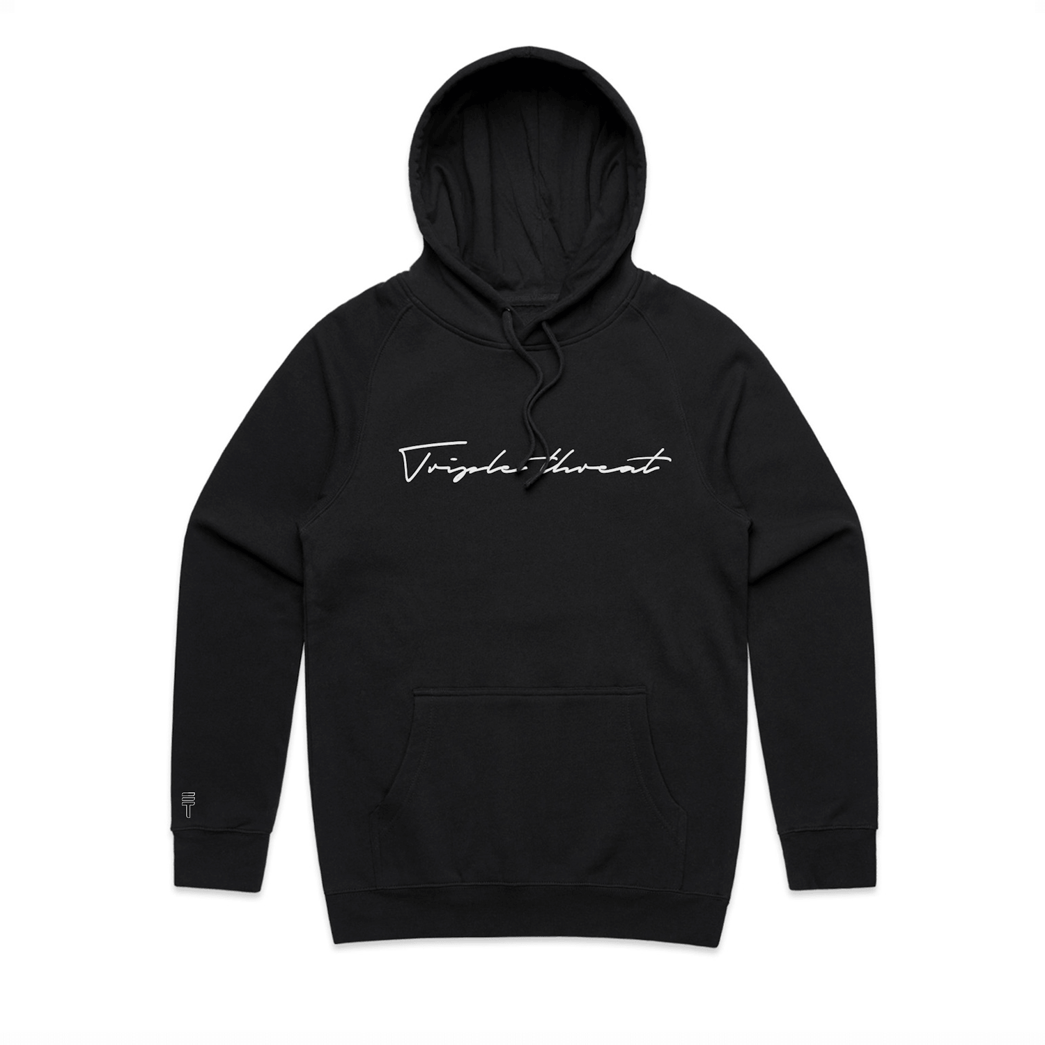 Black nz hoodie with white triple threat script logo on a white background