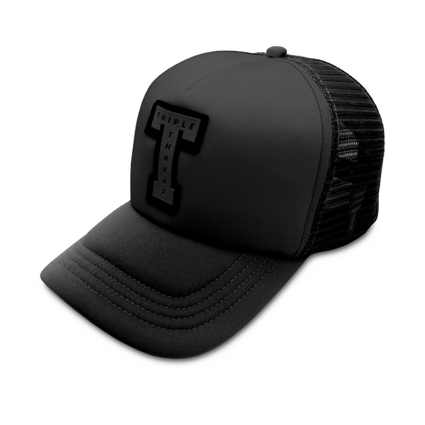 Black trucker hat featuring a black logo of Triple Threat in a T

