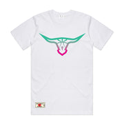 White basketball T-shirt with a design of a buffalo head with teal and pink coloring with a basketball pattern. Featuring a Triple Threat logo